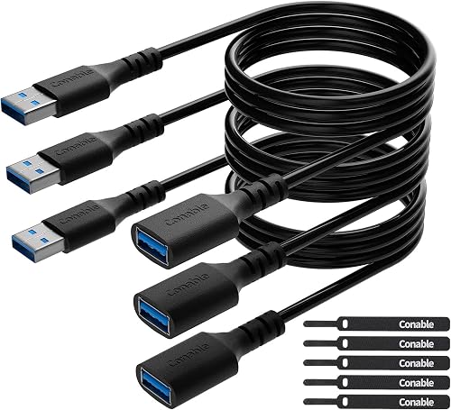 3 Pack USB 3.0 Extension Cable 12 Feet, USB A Male to Female Extender Cord, 5Gbps Data Transfer for Webcam, Printer, Keyboard, Mouse, Flash Drive, Hard Drive, Controller, Black Cable with 5 Cable Ties