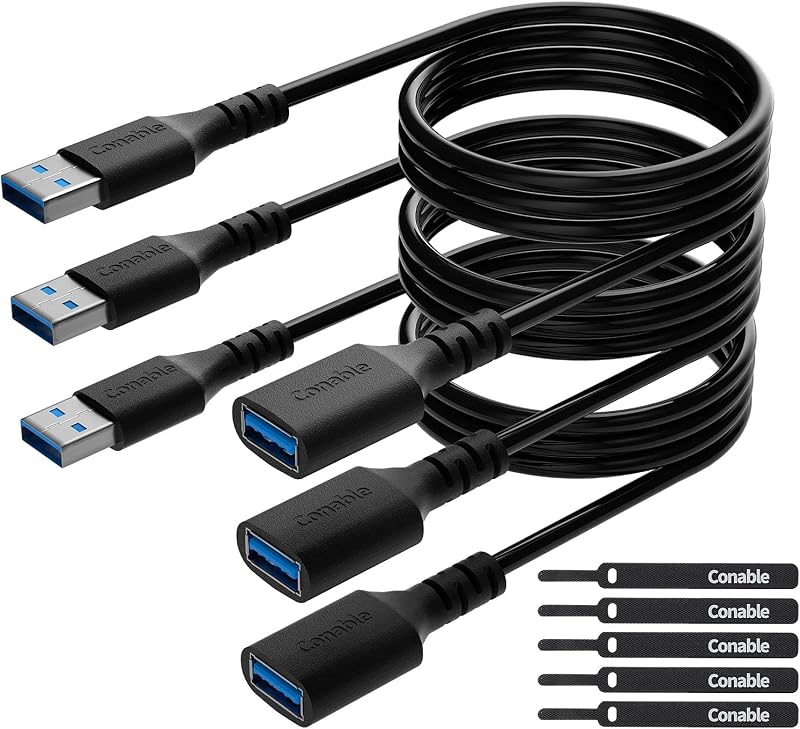 3 Pack USB 3.0 Extension Cable 4 Feet, USB A Male to Female Extender Cord, 5Gbps Data Transfer for Webcam, Printer, Keyboard, Mouse, Flash Drive, Hard Drive, Controller, Black Cable with 5 Cable Ties