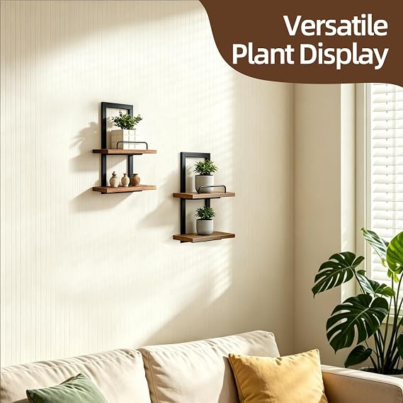 Floating Shelves, 2-Tier Vertical Wall Mounted Shelf Hanging Planter Display for Indoor Plants Rustic Wall Shelves for Bathroom, Bedroom, Living Room, Kitchen, Office, Space Saving, Rustic