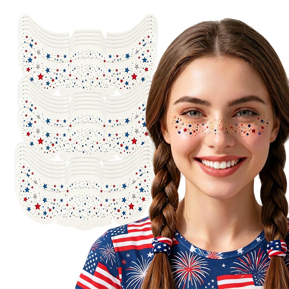 4th of july Glitter Freckles Face Tattoos, 2026 New Waterproof 4th of July Face Tattoos, Red White Blue, Patriotic Face Freckles Glitter Tattoos, Fourth of July Accessories for Party (15 PCS)