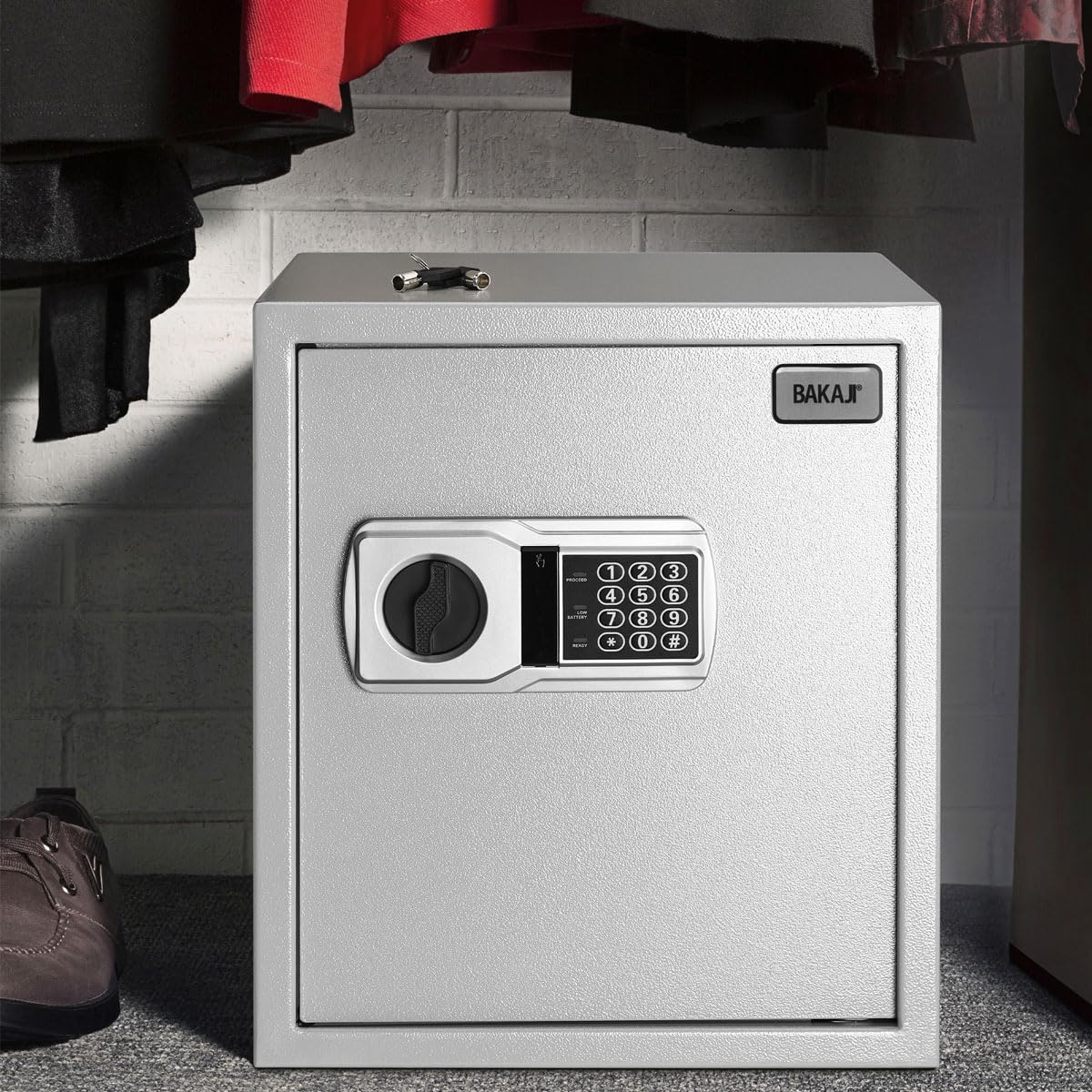 BAKAJI Caja fuerte electrónica de seguridad con caja de batería externa, caja de valores y documentos antirrobo para casa, hotel, armario de pared o independiente, 40 x 35 x 40 cm (gris)