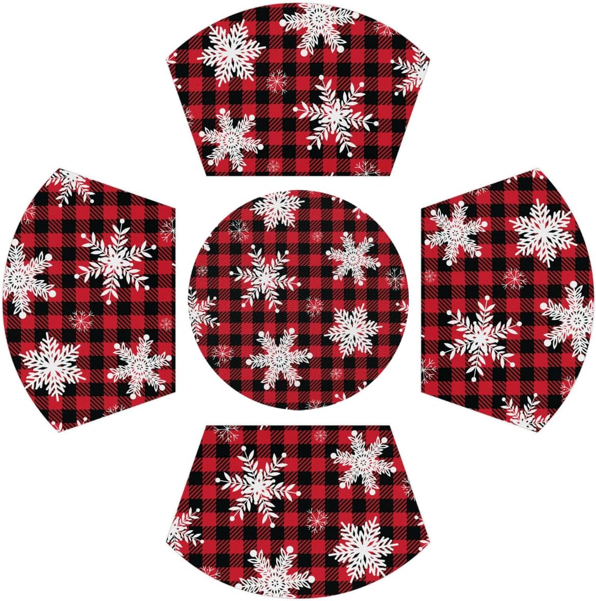 Christmas PVC Placemats Set of 4 with Round Centerpiece Mat, Snowflake Red Black Buffalo Plaid Wedge Table Mats Washable Heat Resistant for Kitchen Indoor Christmas