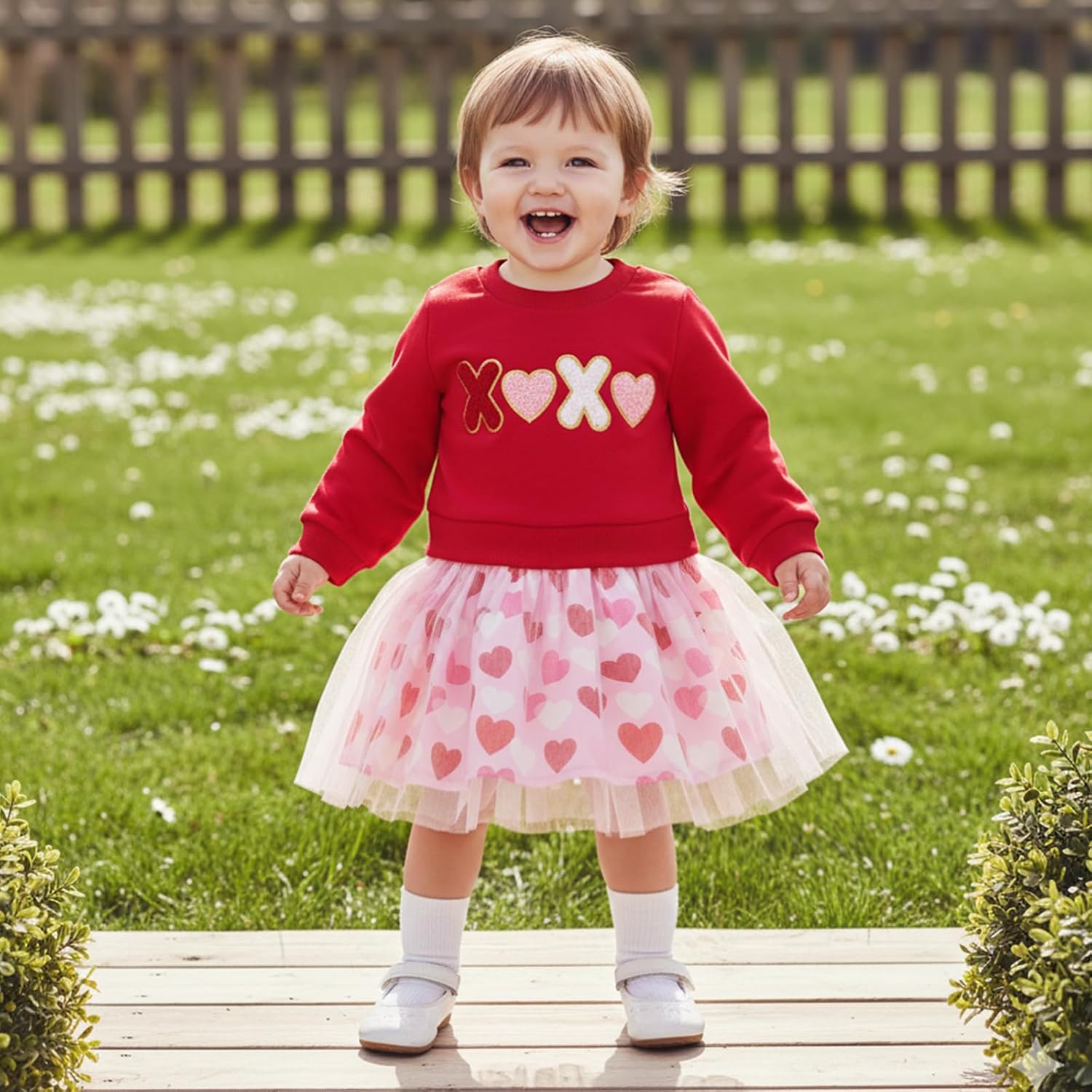 Toddler Baby Girl Valentines Day Outfit Letter Embroidery Long Sleeve Tops Heart Print Tulle Skirt Set 2Pcs