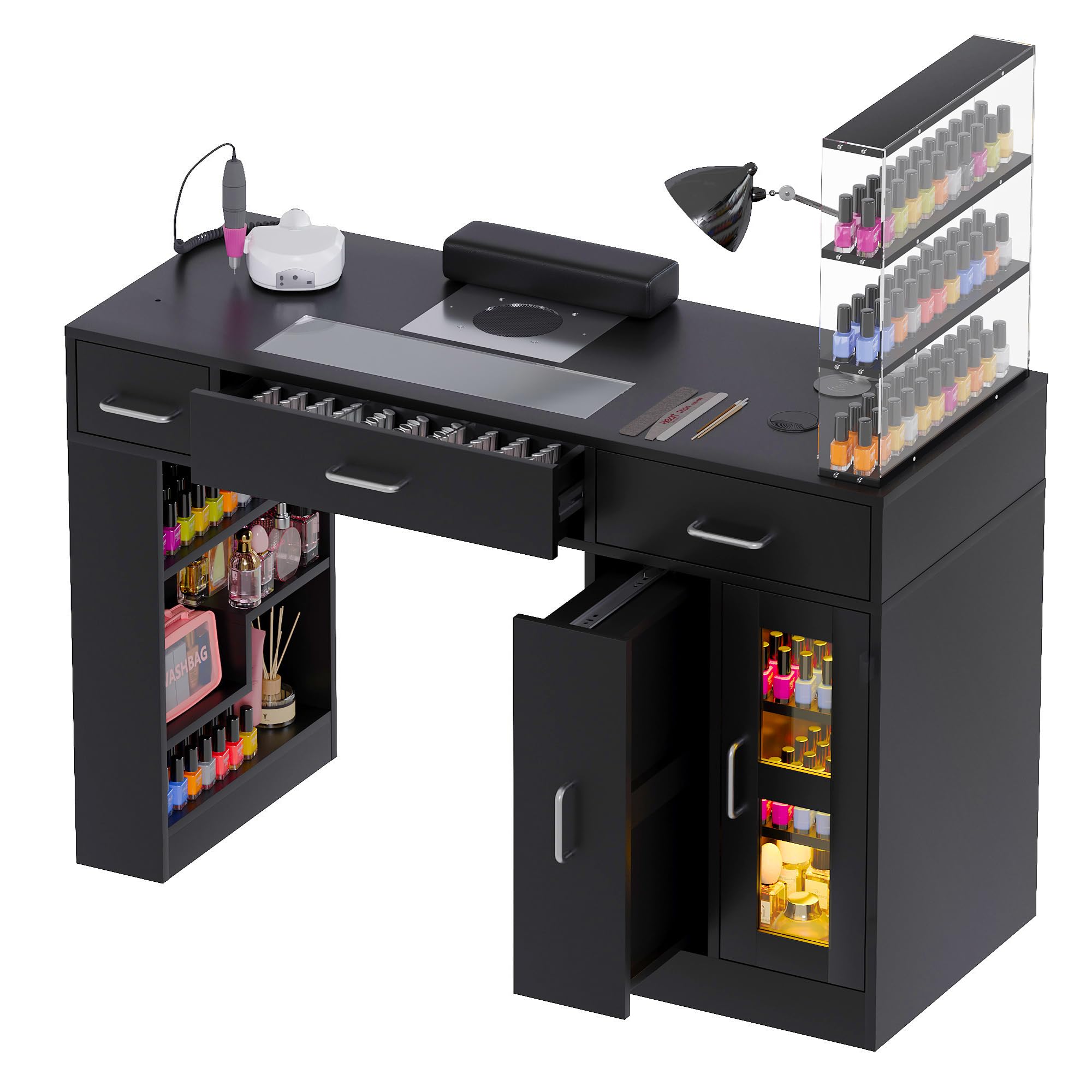 Kikihouse Manicure Table Nail Tech Desk w/Glass Top Drawer, Nail Tech Table w/Movable Shelves, Dust Collector, Wireless Charging, Cabinet, LED Lights,