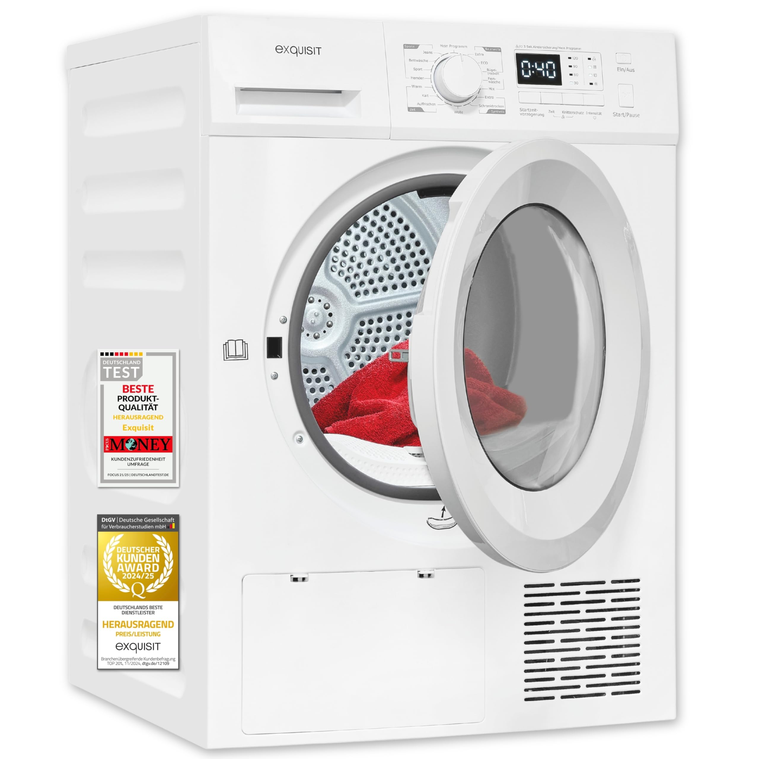 Exquisit TWP1001-030D - Secador con bomba de calor, 10 kg, 16 programas, protección contra arrugas, LED, carga frontal, color blanco