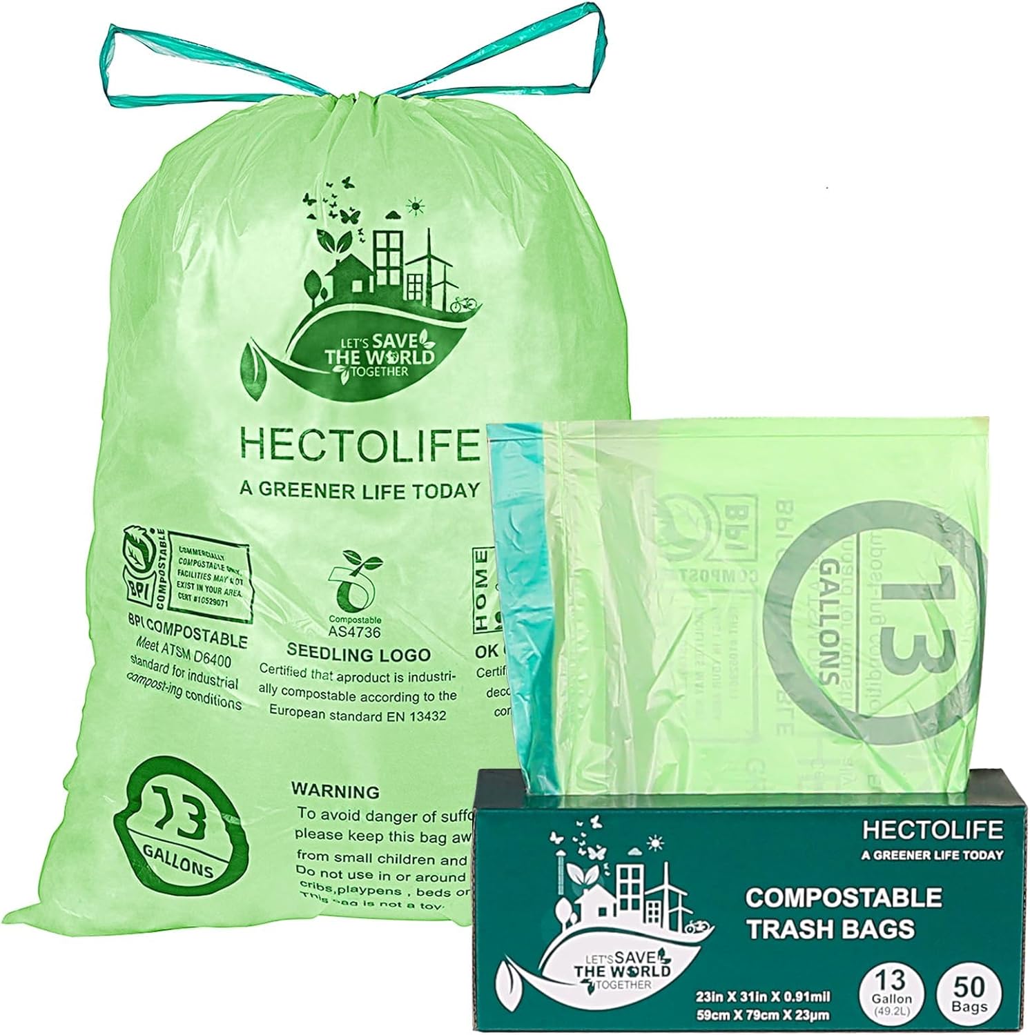 13 Gallon,50 Count, Compostable Trash Bags with Drawstring,Tear Resistant Kitchen Food Scrap Waste Bag, ASTM D6400, US BPI and Europe OK Compost Home Certified 1 Count (Pack of 50)