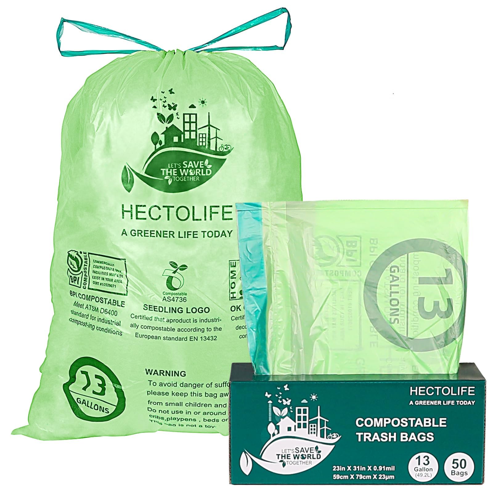 13 Gallon,50 Count, Compostable Trash Bags with Drawstring,Tear Resistant Kitchen Food Scrap Waste Bag, ASTM D6400, US BPI and Europe OK Compost Home