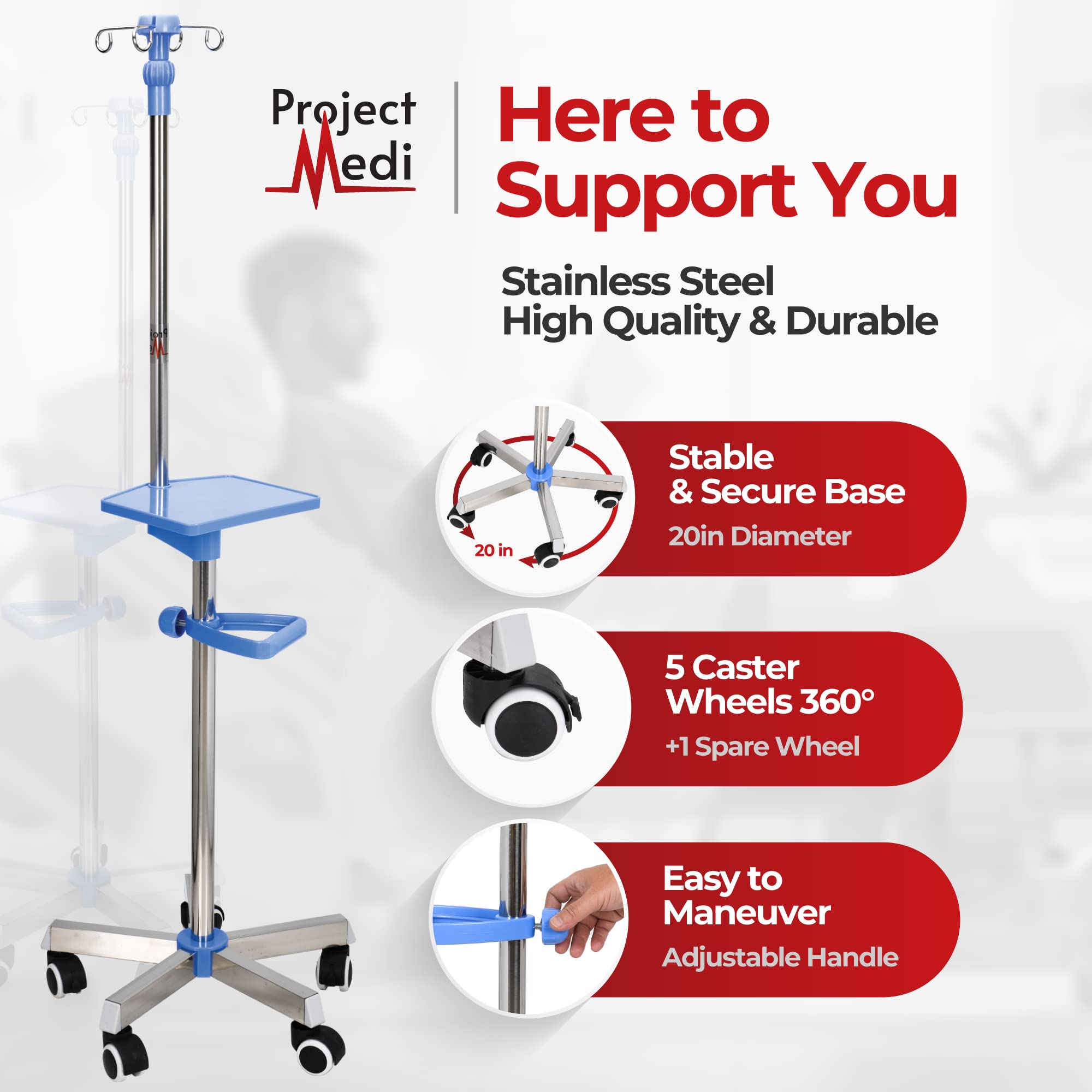 ProjectMedi IV Pole â€” Ergonomic IV Pole with Wheels â€” Medical IV Fluid Bag Standâ€” Stainless Steel IV Pole with Tray for Hospital & Home IV Therapy â€” Essential IV Practice Kit Supply