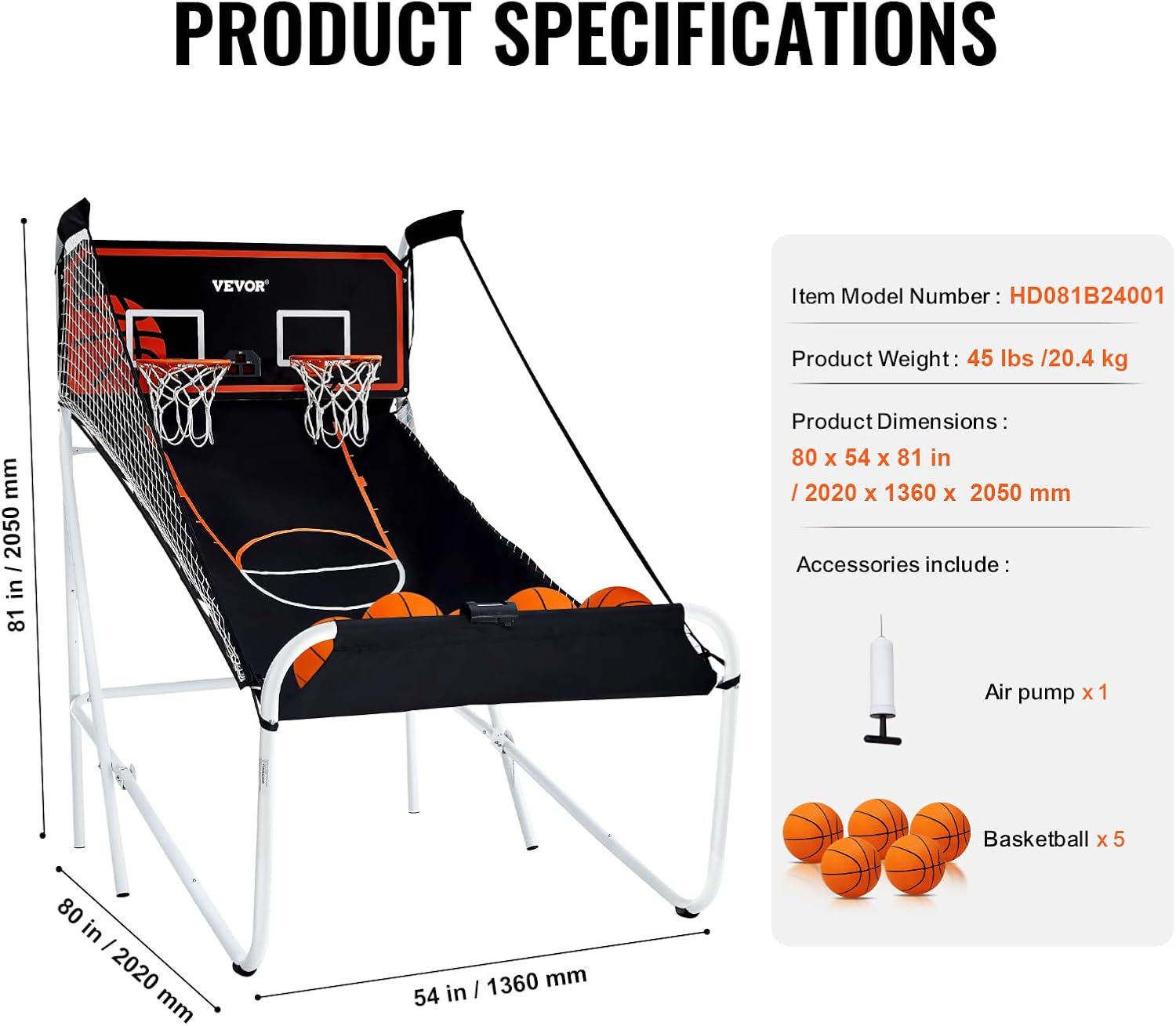 VEVOR Foldable Basketball Arcade Game, 2 Player Indoor Basketball Game, Home Dual Sport with 5 Balls, 8 Game Modes, Electronic Scoreboard, and Inflation Pump, for Kids, Adults