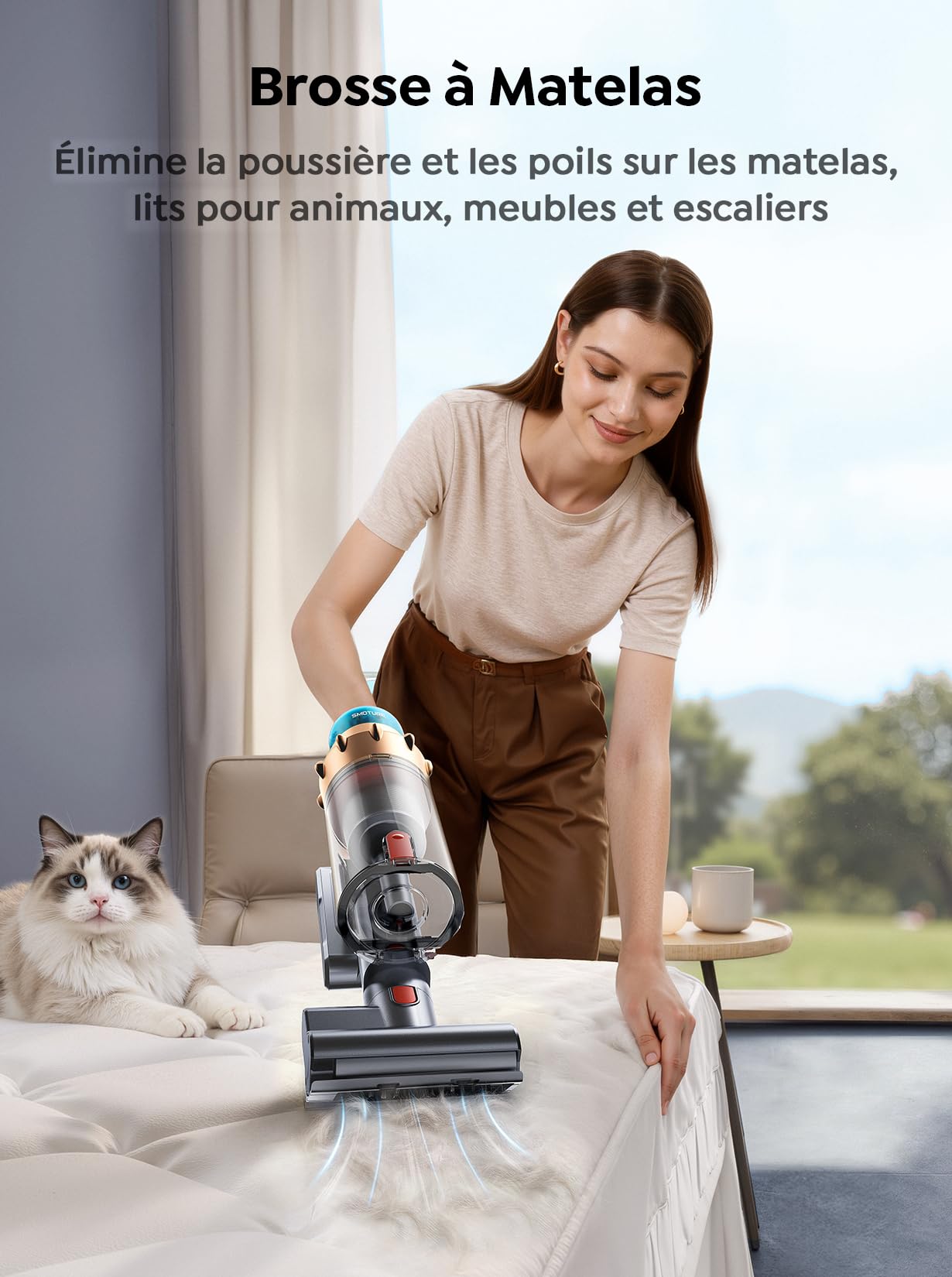 SMOTURE Aspirateur Balai sans Fil, 50KPA 600W 65Mins Aspirateur sans Fil Puissant avec Brosse Matelas, Tuyau 1M, Mode Auto, Écran Tactile, Aspirateur Balai Parfumé pour Poils d’Animaux/Maison/Voiture