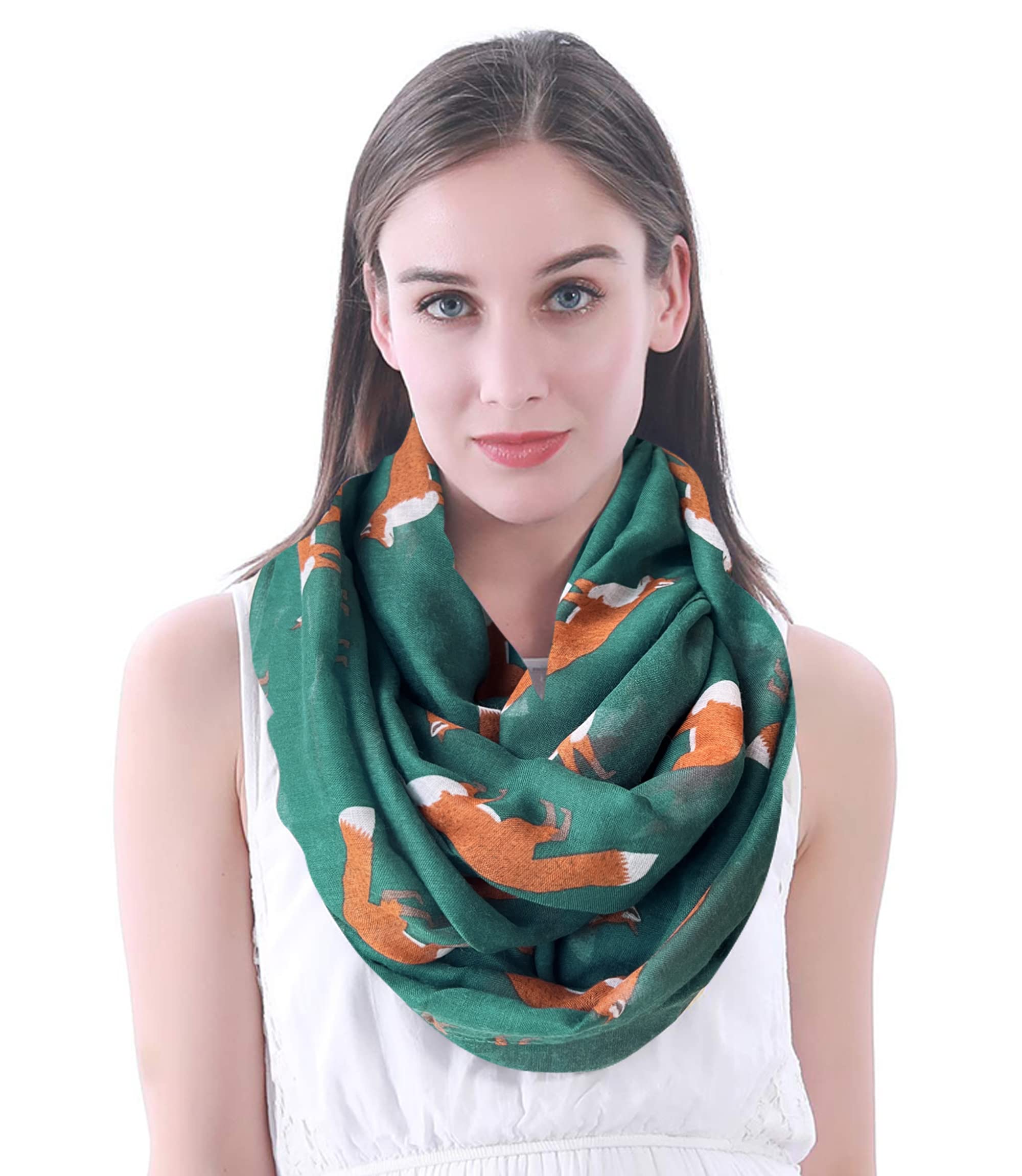 Lina & Lily Fox Animal Print Ladies Lightweight Snood Infinity Scarf (Green)