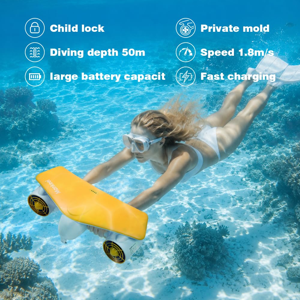 Underwater Scooter - Sea Scooter with Action Camera Mount, Child Lock, Max Speed 1.8 m/s, Diving Depth 50 m, Waterproof Dual Motors for Sports, Pool, Diving, Snorkeling for Adults and Teens