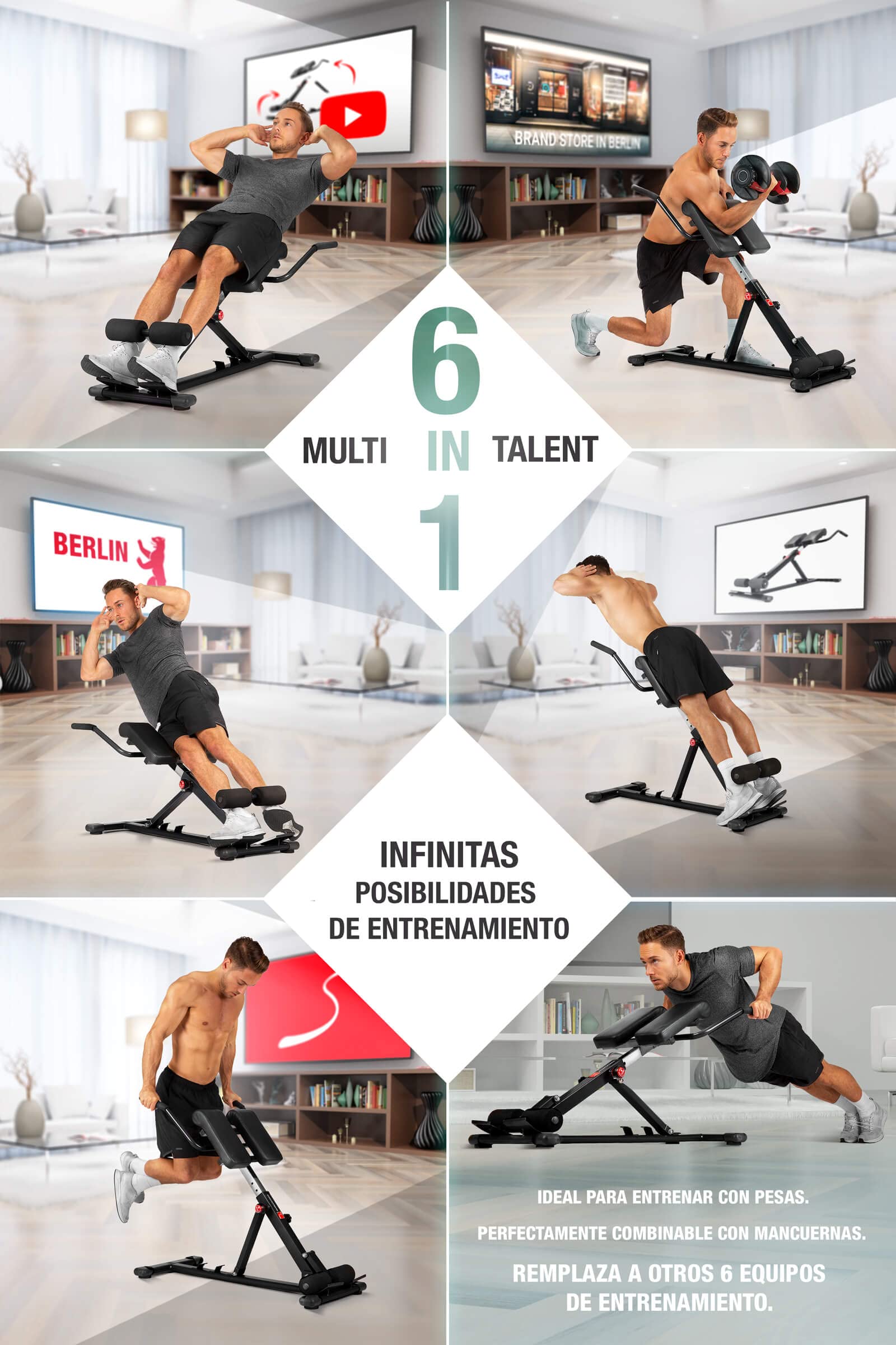 Sportstech BRT150 Entrenador de espalda y abdomen 6 en 1; ergonómico y ajustable; sistema único de bloqueo y fácil de plegar, diseño antideslizante, banco de pesas + fijación de piernas adaptable