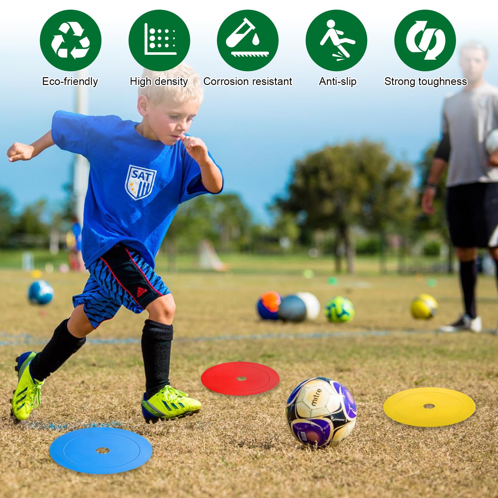Lot de 24 Disques de Marquage Plat, 15cm Disque D'entraînement de Footbal- Antidérapants et Souples, Cônes de Marquage en PE Flexible, Dotés d'un Support pour Portabilité et Rangement
