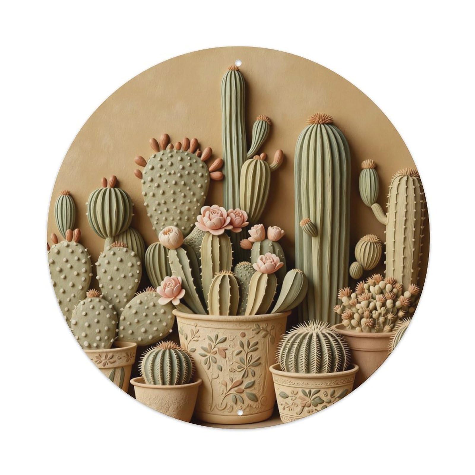 Floral Pattern Decorative Pots Cacti Round Metal Tin Sign Vintage Wall Decor, Bar Garage Cafe Kitchen Home Wall Art Poster 8x8inches