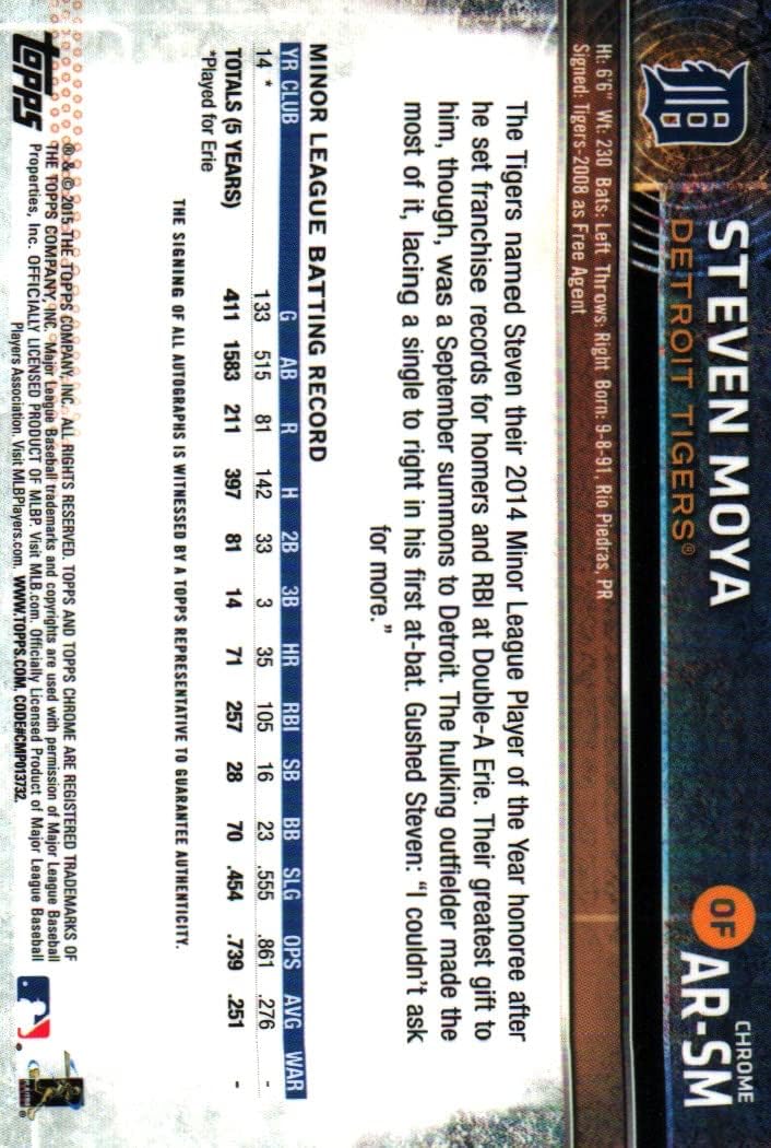 Steven Moya Topps Chrome Autographed Collectible Rookie Baseball Card - 2015 Topps Chrome Rookie Baseball Card #AR-SM (Tigers) Free Shipping