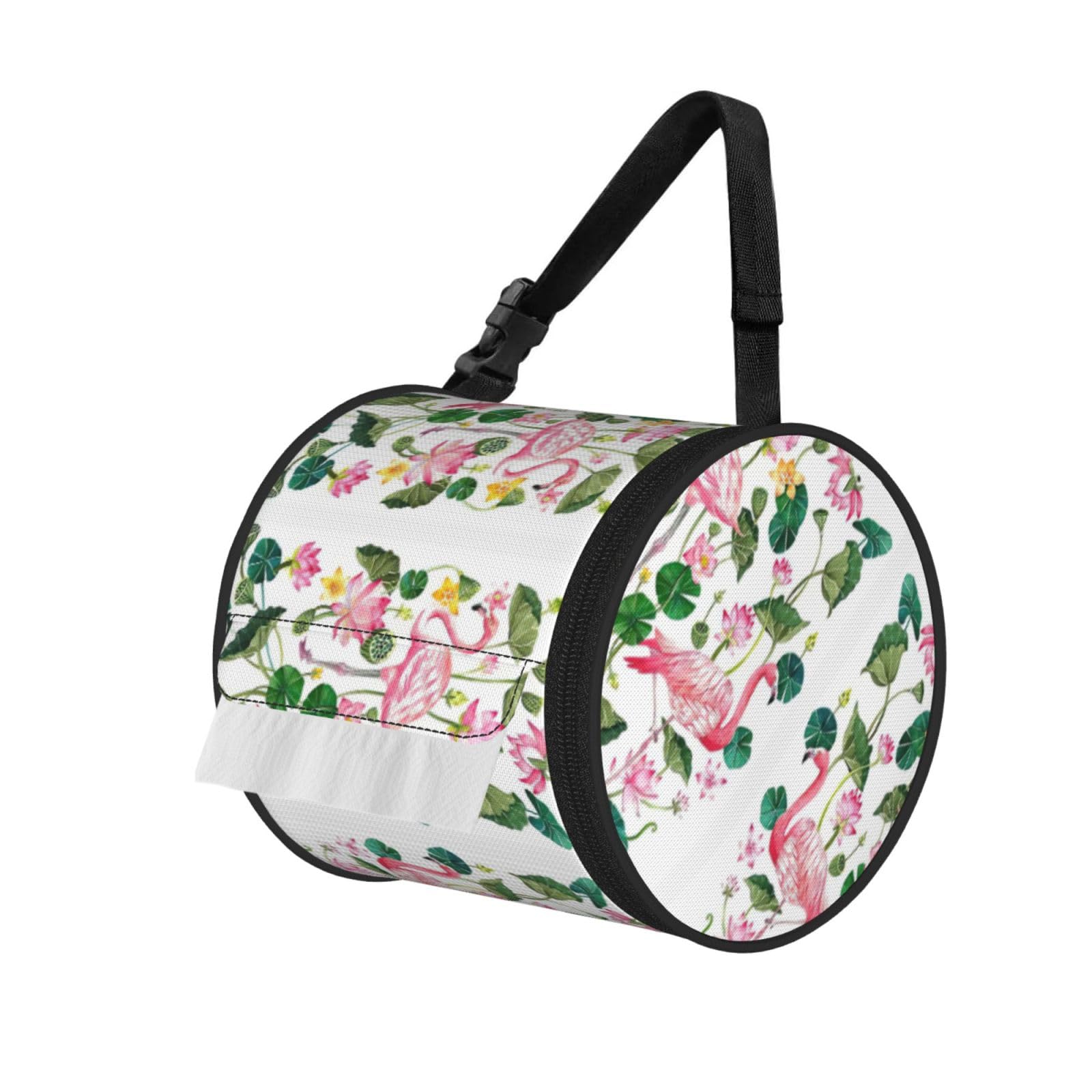 Flamingo Bird Round Leaves Print Fashion Tissues Organizer Box, Hanging Tissue Holder For Purse Coins For Car Office Daily Outing