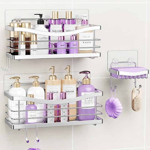 ODesign Shower Caddy 3 Pack-Shower Organizer Shelves Rack Rustproof SUS304 Stainless Steel for Bathroom Storage Kitchen-No Drilling Adhesive