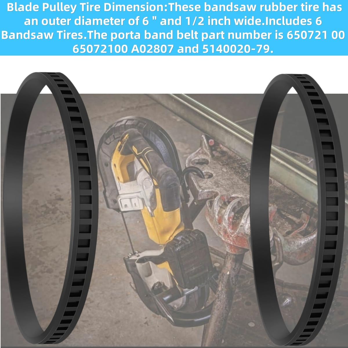 6 Pack 650721-00 Bandsaw Rubber Tires Replacement for DeWalt DWM120, DCS374, DW328K, A02807, Fits Porter Cable and for Milwaukeel 6230 Band Saws, 6" x 1/2" Heavy-Duty Rubber Wheels