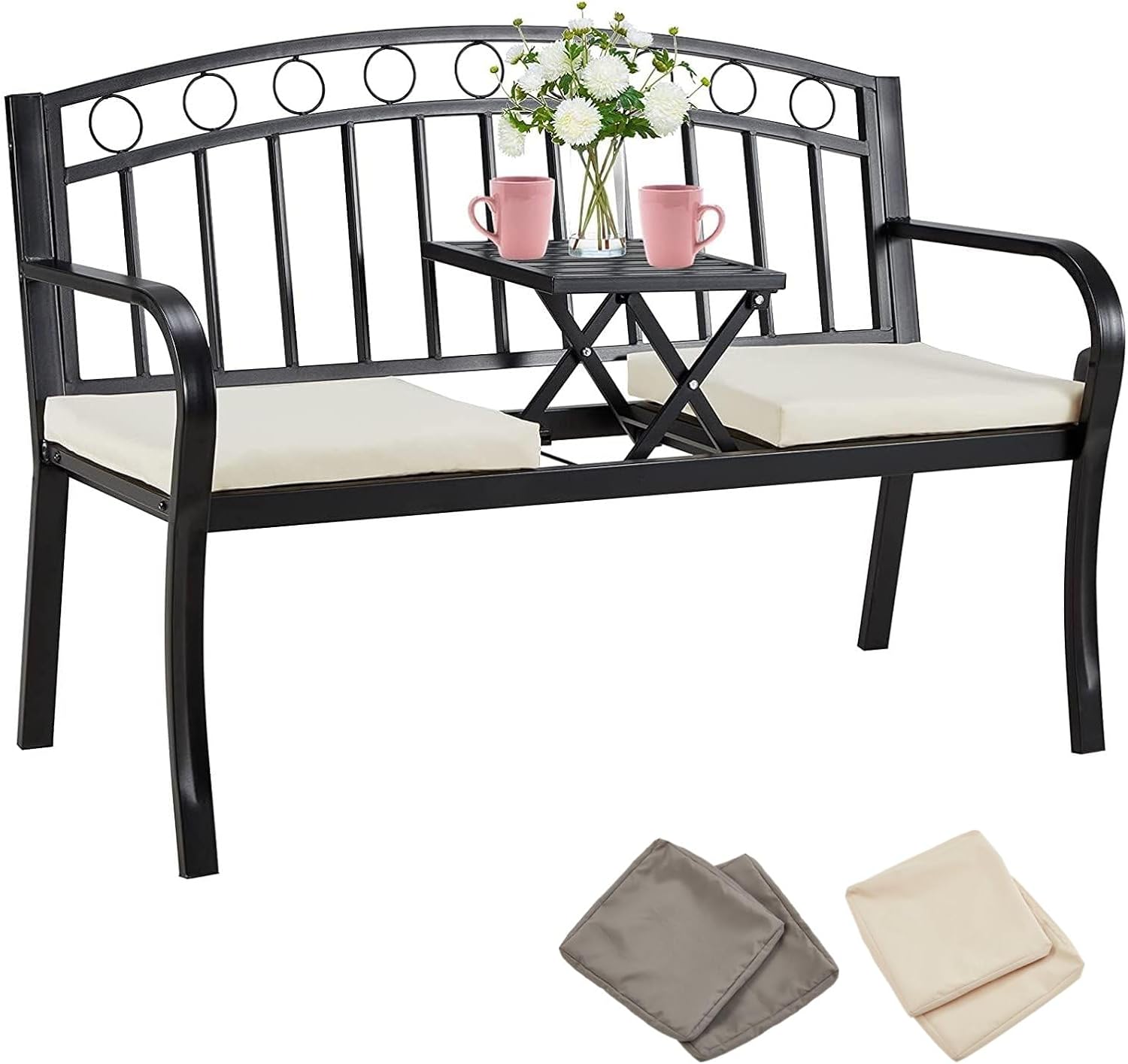 AVAWING Outdoor Metal Garden Bench, 2-Seat Patio Porch Bench with Steel Frame, Park Bench w/Pullout Middle Table＆ Cushion for Backyard Lawn Deck Entryway, Black