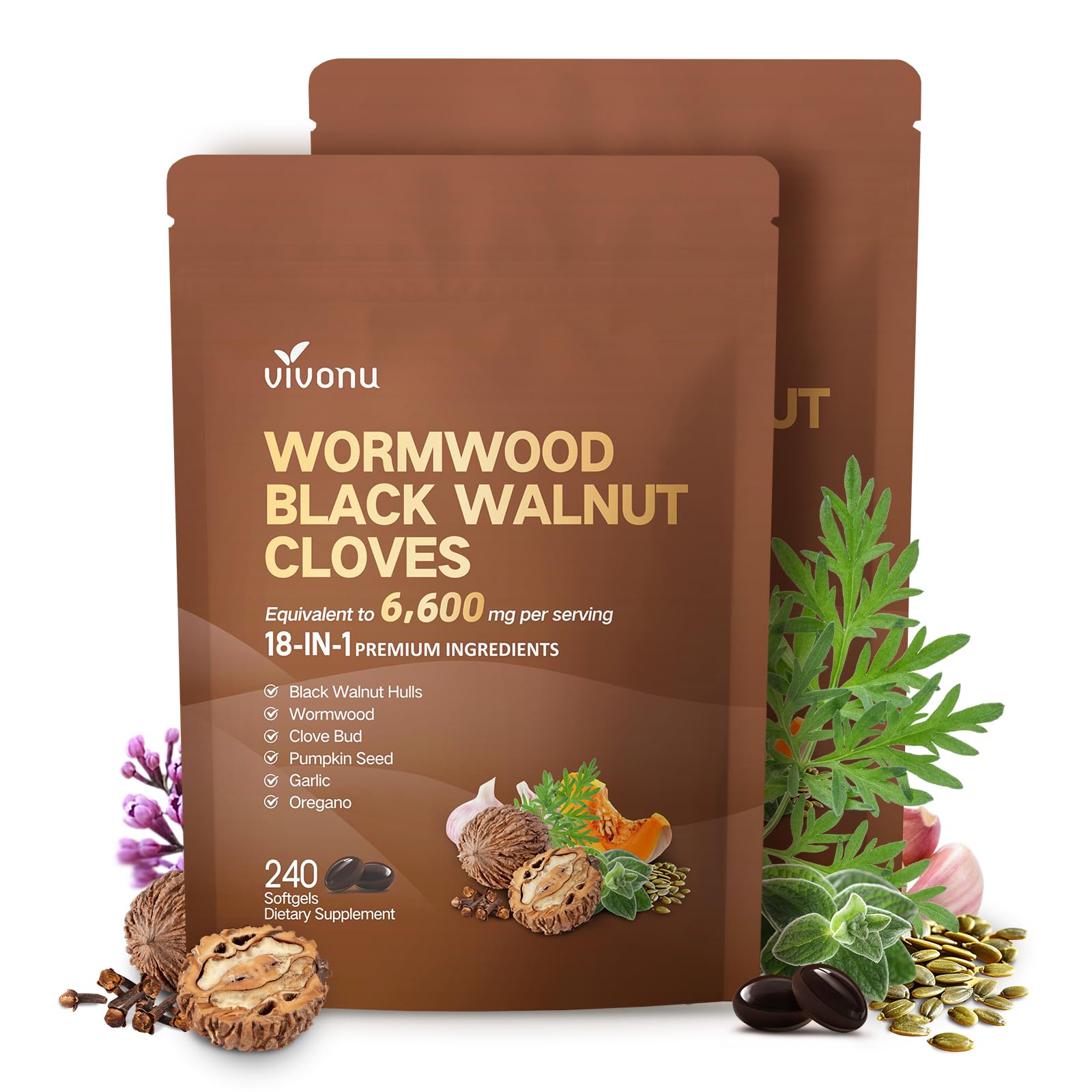 VivoNu Black Walnut Wormwood Clove Capsules, Cleanse, Detox, Intestinal Guard Supplement for Humans, 18-in-1 Herbal Blend with Pumpkin Seed, Garlic, Berberine, Cinnamon & More, 2 Bag
