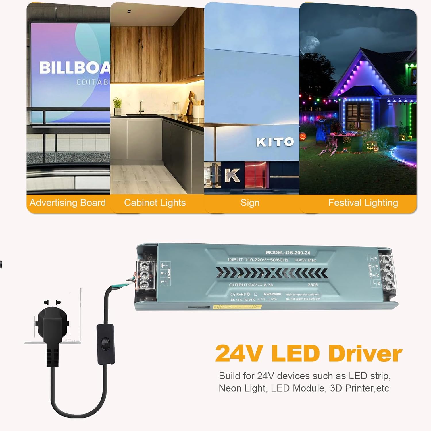 24V 300W LED Driver with ON/OFF AC Cord, 110V AC to DC 24 Volt 12.5A Low Voltage Transformer, Semi-Potted Fanless Slim Power Supply for LED Strip Light, 3D Printer, Cabinet Lights (24V 300W)