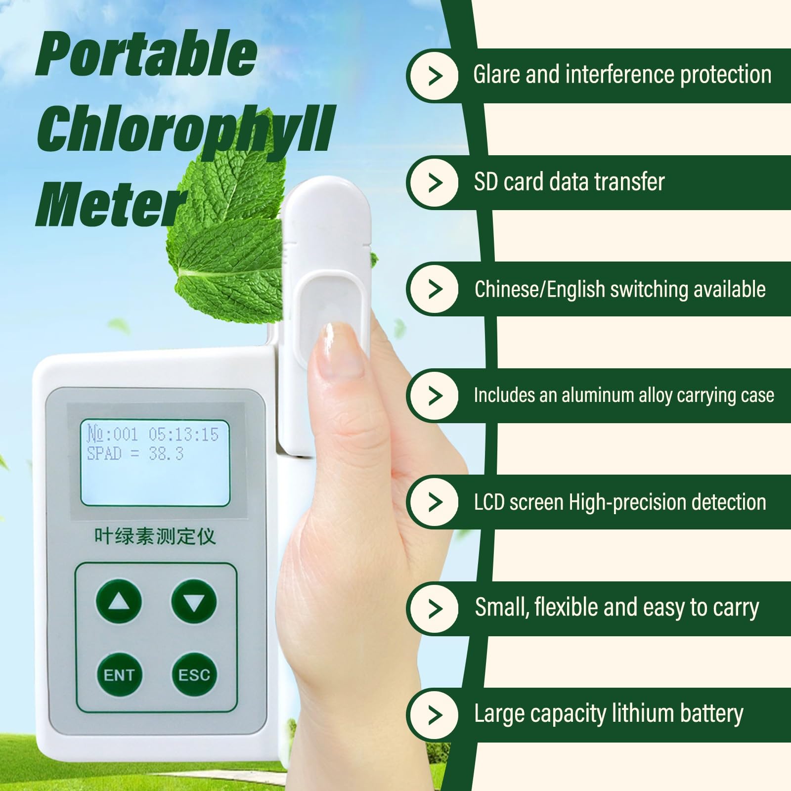 Tester De Clorofila Portátil Con Medidor Digital SPAD, Medición De Nitrógeno Foliar Y Humedad De Hojas, Análisis Hojas Y Nutrientes Y Monitor De Plantas(One parameters)