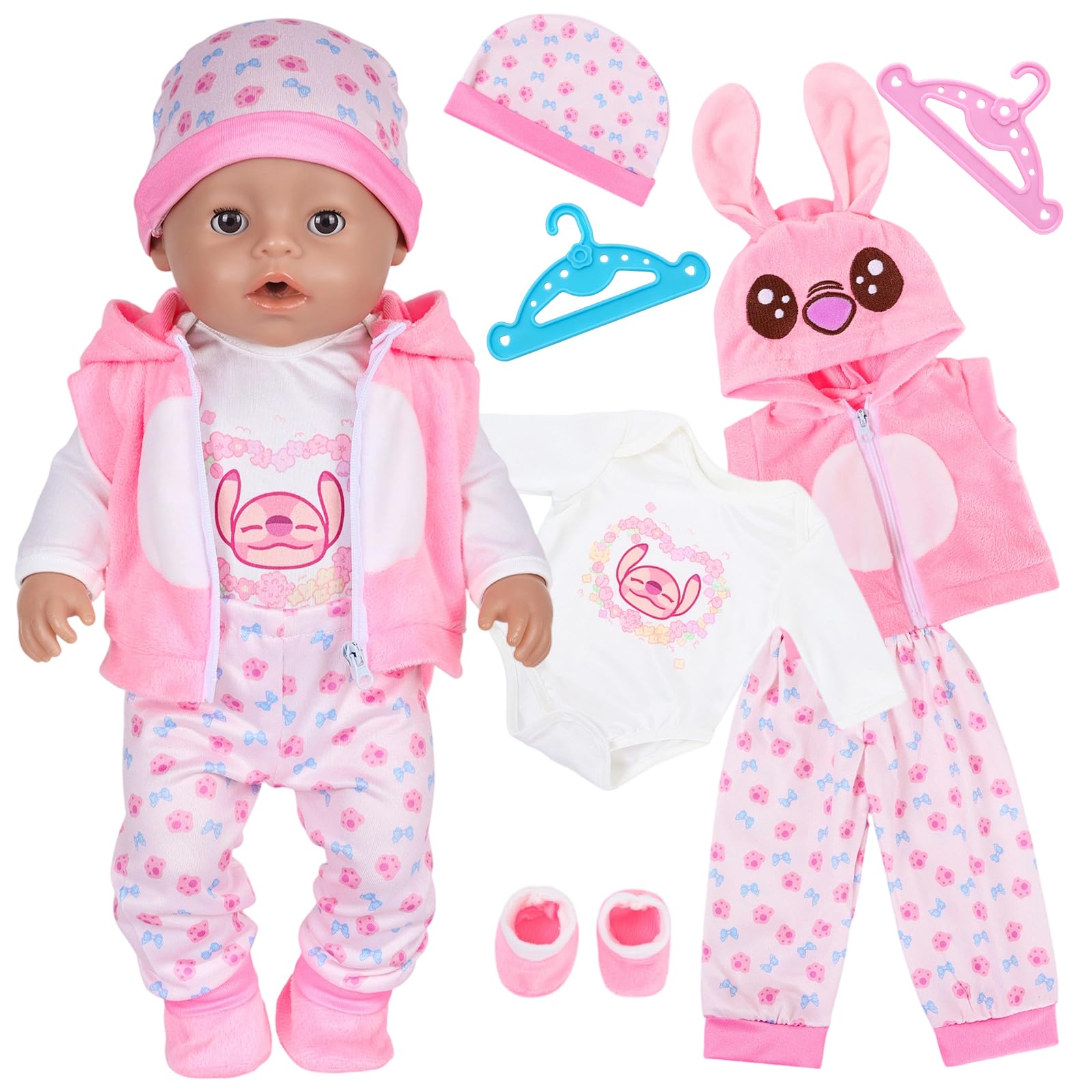 7 PCS Baby Doll Accessories, Newborn Dolls with Accessories, Pink Animal-Print Outfit for 35–43 cm Baby Dolls (Jacket, Top, Pants, Hat, Socks), 2 Hangers for 14–18-Inch Dolls, Gifts for Girls