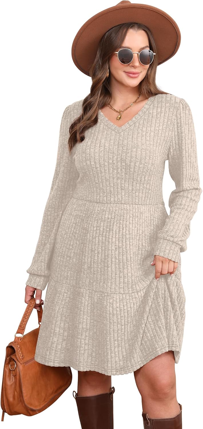 SAMPEEL Womens V Neck Long Sleeve Fall Dresses Baby Doll Casual Sweater Dress Fashion Clothes - Image 5