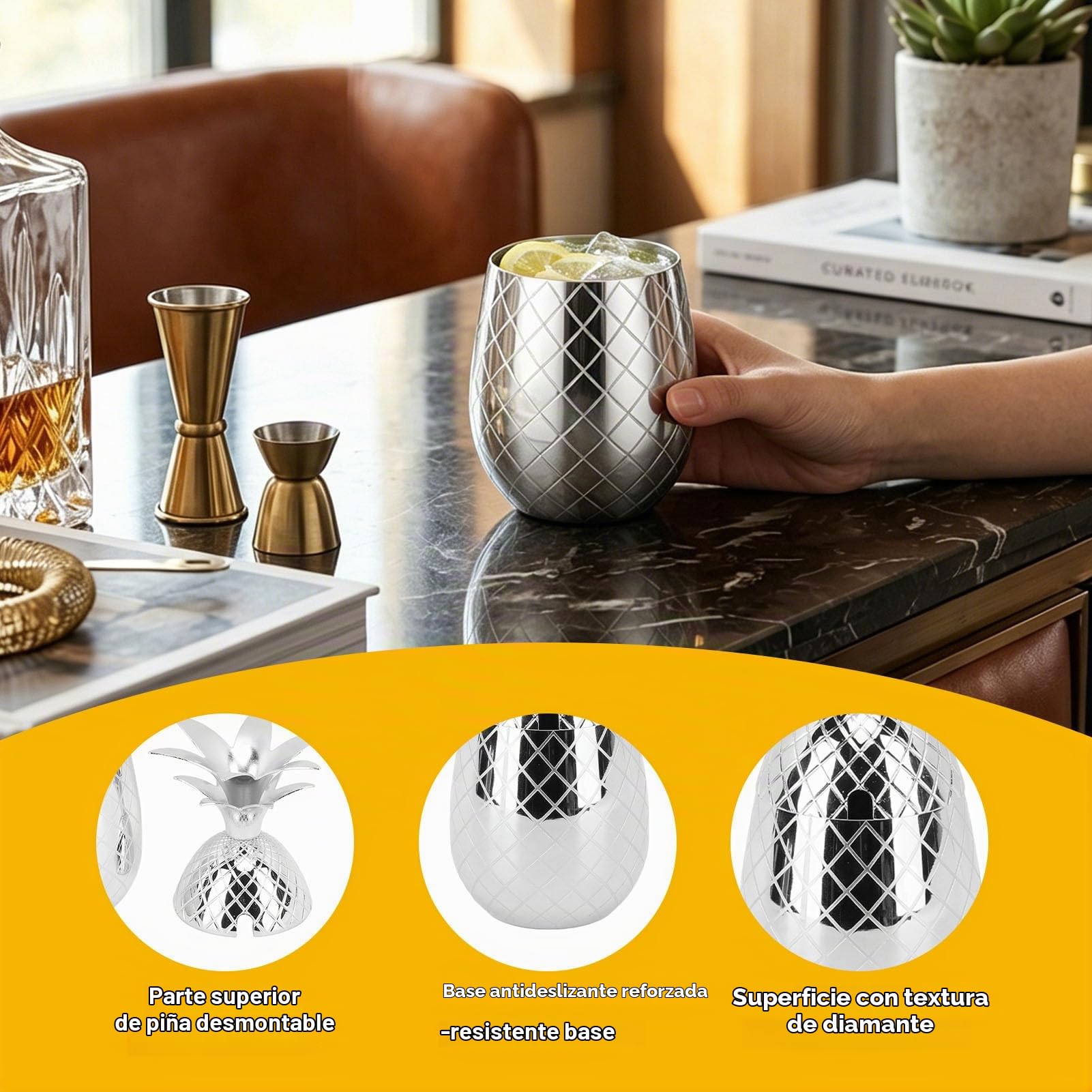 Cyrank Taza De Piña De Acero Inoxidable Con Tapa, Tazas De Cóctel De Piña De 500 Ml, Vaso De Copa De Vino, Tazas Para Beber De Acero Inoxidable Para Bar(Plata)