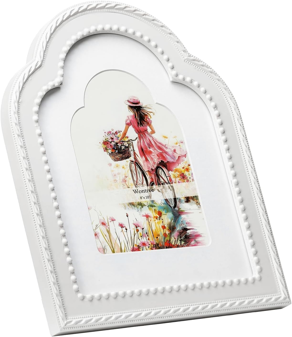 8x10 Light Gray Arch Picture Frame with Rope Beaded Trim, Solid Wood with Real Glass, Matted to 5x7, Vertical for Tabletop or Wall Hanging Display Photo Frame