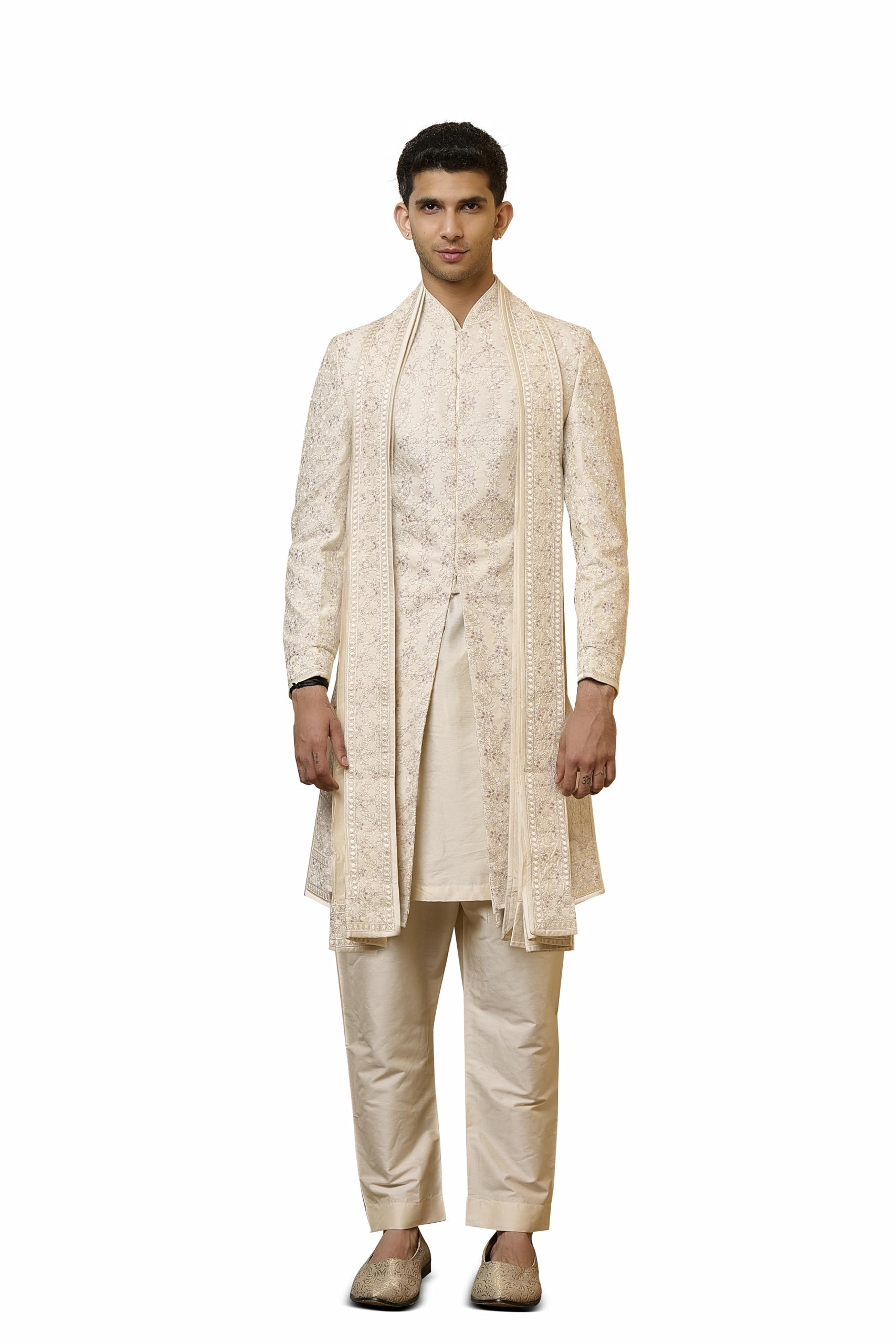 Ivory Embroidered Sherwani Set-image-5