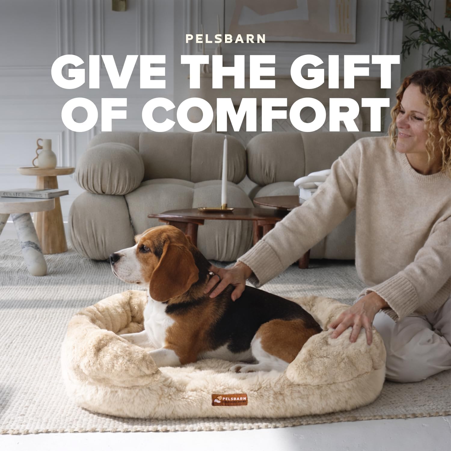 Pelsbarn Luxurious Orthopedic Dog Bed - Medium (39.3" x 23.6") Therapeutic Joint Support Pet Bed - Velvety Soft Removable Washable Cover - Beige