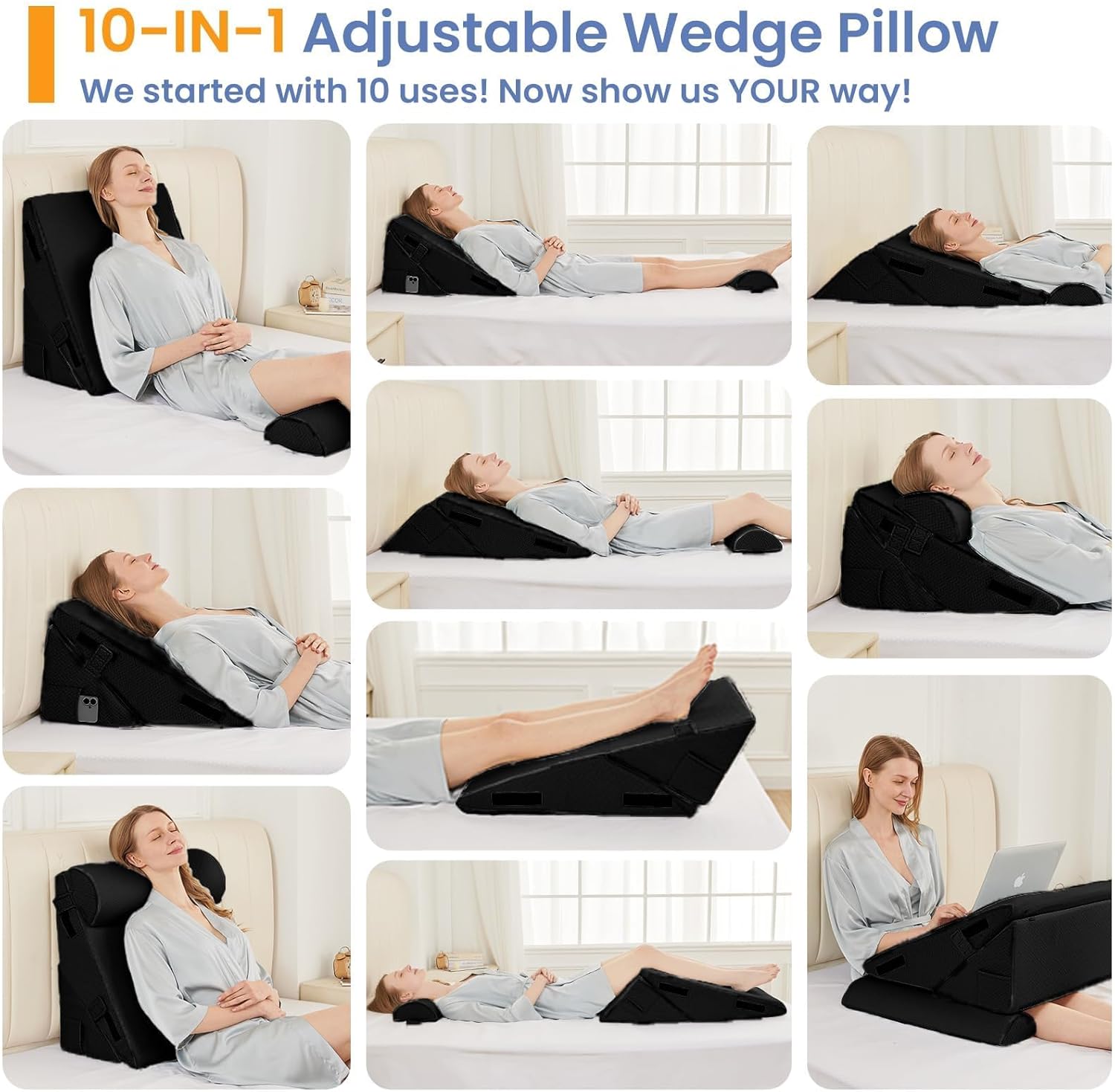 Sasttie Wedge Pillow Set for After Surgery, 2PCS Adjustable Bed Wedge Pillow Headboard with Memory Foam Neck Cushion – for Acid Reflux, Sleeping, Neck & Back Support, Black - Image 3