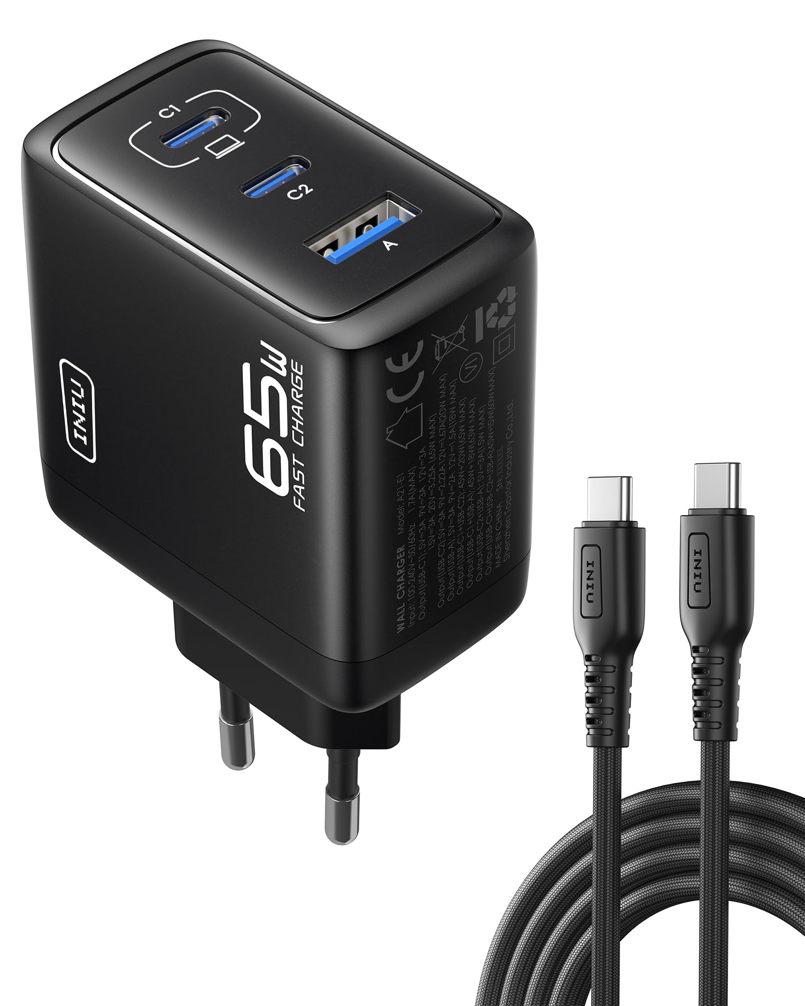 INIU 65W Caricatore USB C, [USBC *2 + USBA] 3-Porto Presa USB Caricatore Multipla PD & QC Carica Cellulare, USBC Caricabatterie per iPhone 16 15 14 Pro Max, iPad Pro Air, Samsung S25 S24 S23 Ultra ecc