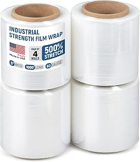 5" x 1000' Industrial Strength Stretch Wrap, Ready to Use Pack of 4 Mini Rolls, Clear Plastic Film, 80 Gauge Thick, 500% Elongation – Heavy-Duty Shrink Wrap for Moving, Packing
