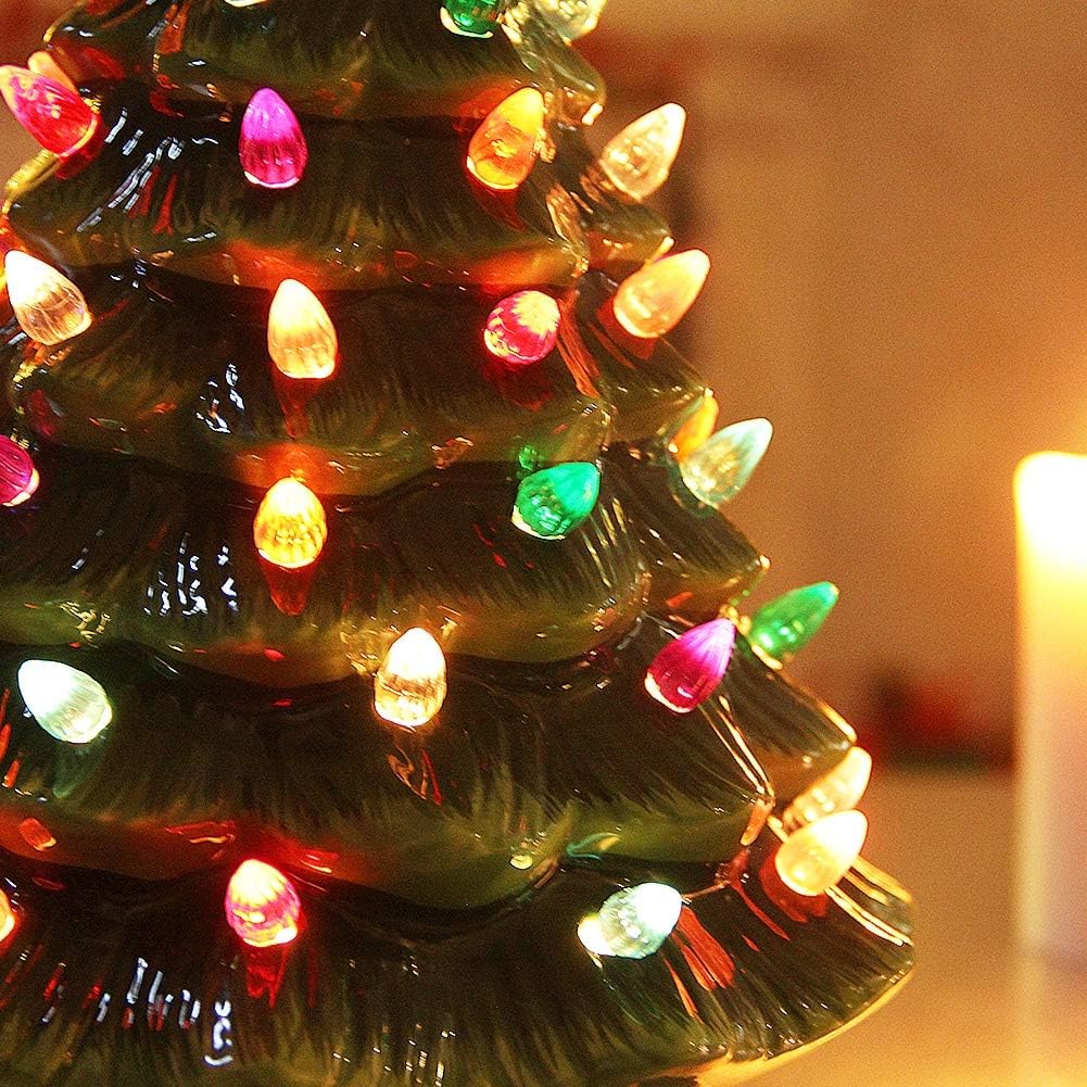 Blissun 15" Ceramic Christmas Tree, Tabletop Christmas Tree Lights Decorations with 63 Multicolored Lights and 7 Point Star Topper for Christmas Table Decorations