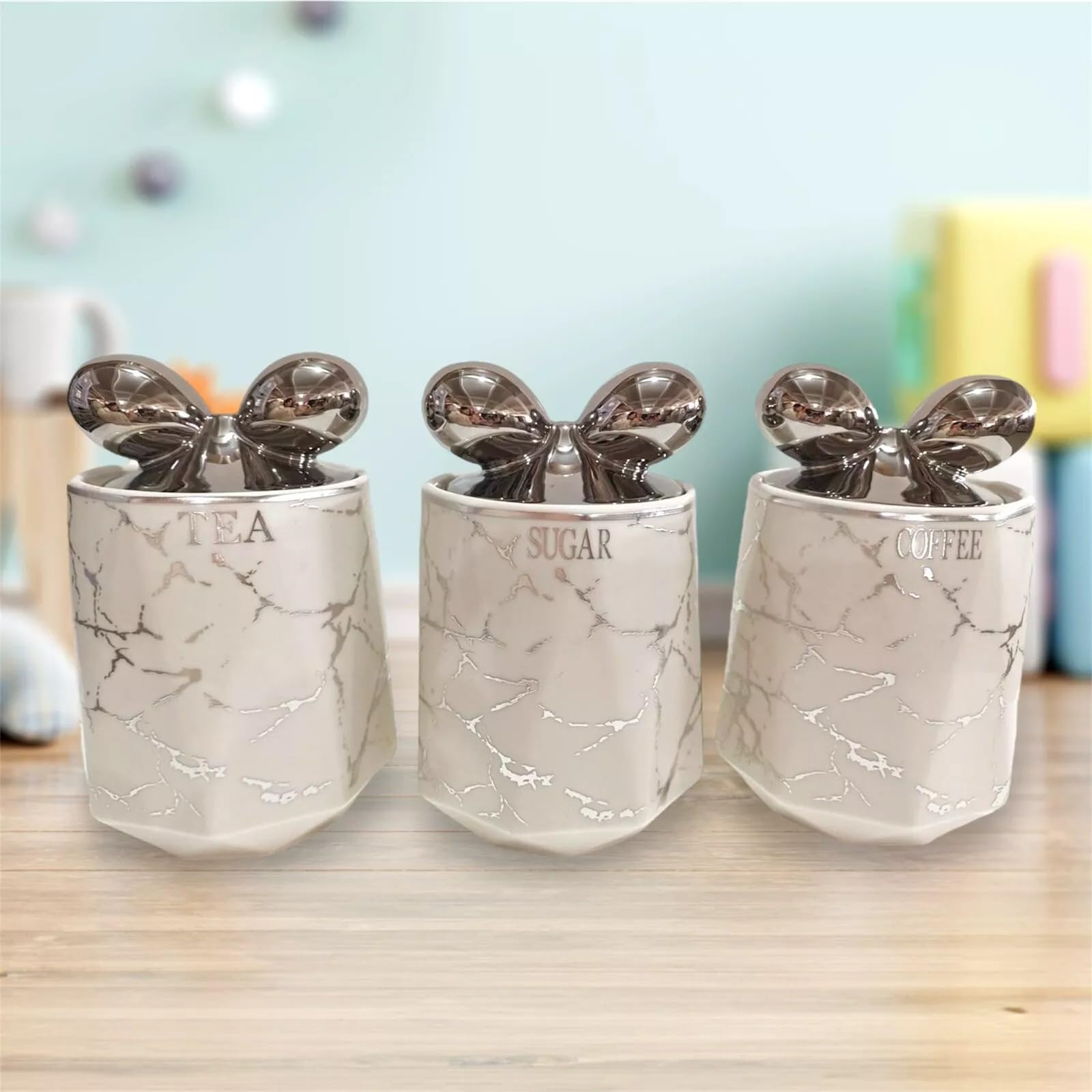 JAYOGLA Marble Effect Kitchen Storage Canisters, Tea Coffee Sugar Containers Set, White with Bow Lids, 3-Piece