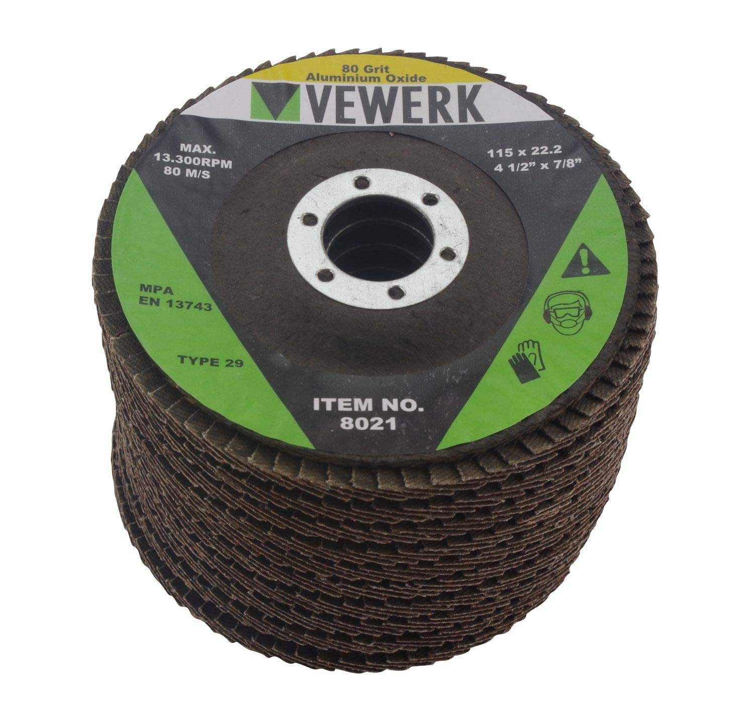 VEWERK Pack of 10 Flap Discs 80 Grit Oxide (115mm X 22.2mm) 8021