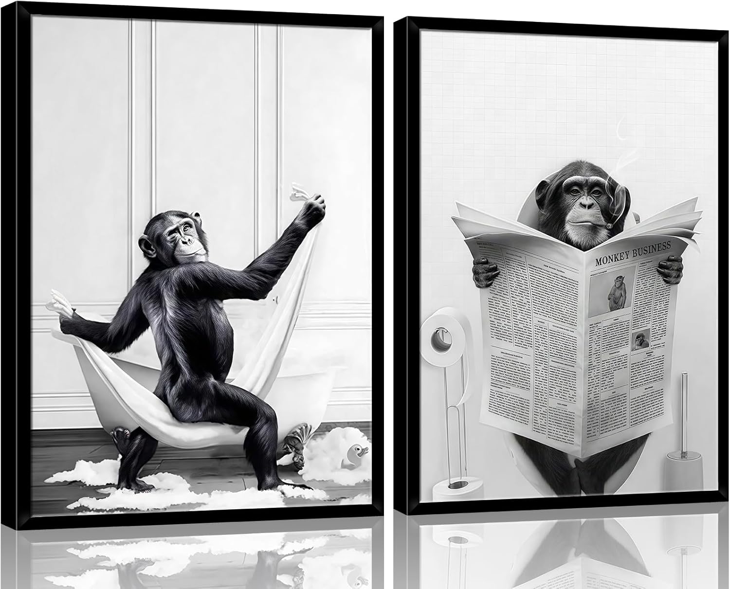 Framed 2 Pcs Bathroom Wall Art Funny Monkey Painting Poster Black and White Canvas Print Fun Animal Picture Bedroom Kids Bathroom Study Country Farmhouse Decor Ready to Hang 16" x 24"