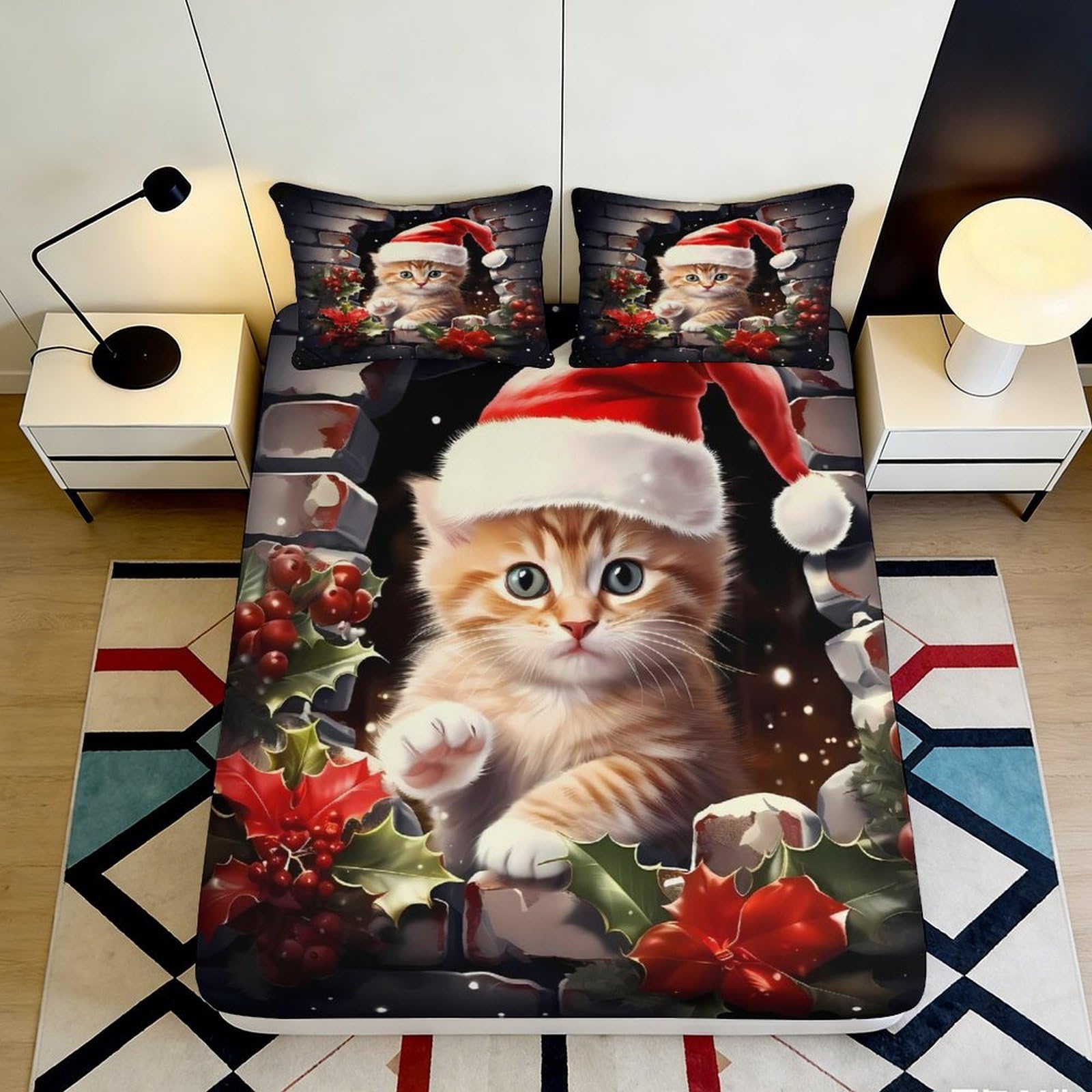 3D Printed Christmas Cat Fitted Sheet Microfiber Red Santa Claus Bed Cover for Bedroom Dorm Easy Care Decoration 90x200x25cm