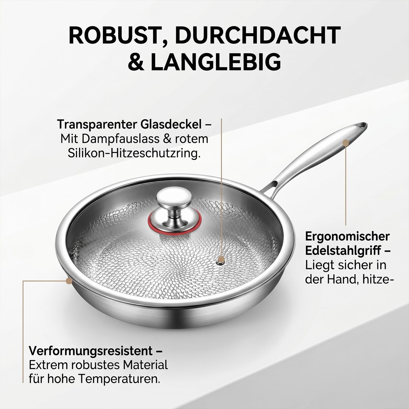 Titan Pfanne, Titan Bratpfanne, 28 CM Titanium Pfanne Unbeschichtet,Titanium Hammered Pan Pro mit Deckel, Physikalische Antihaft-Struktur durch gehämmertes Muster, Für alle Herdarten Induktion
