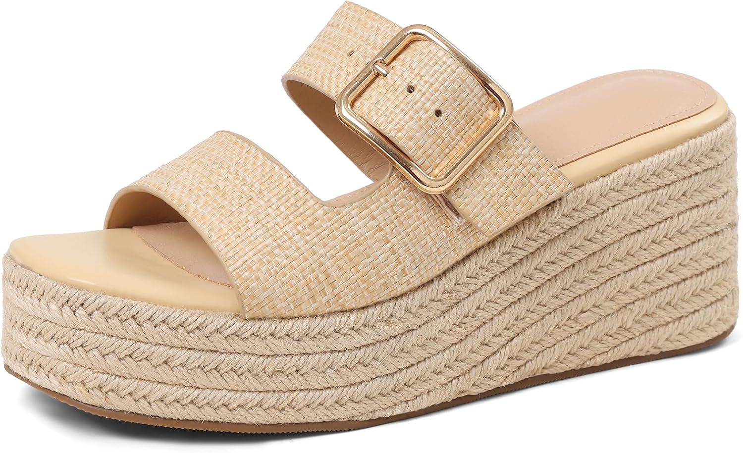 Platform Wedges Sandals for Women Summer Slip on Espadrille Flatform Slides Open Toe Adjustable Buckle Bohemia Beach Raffia Beach Sandals