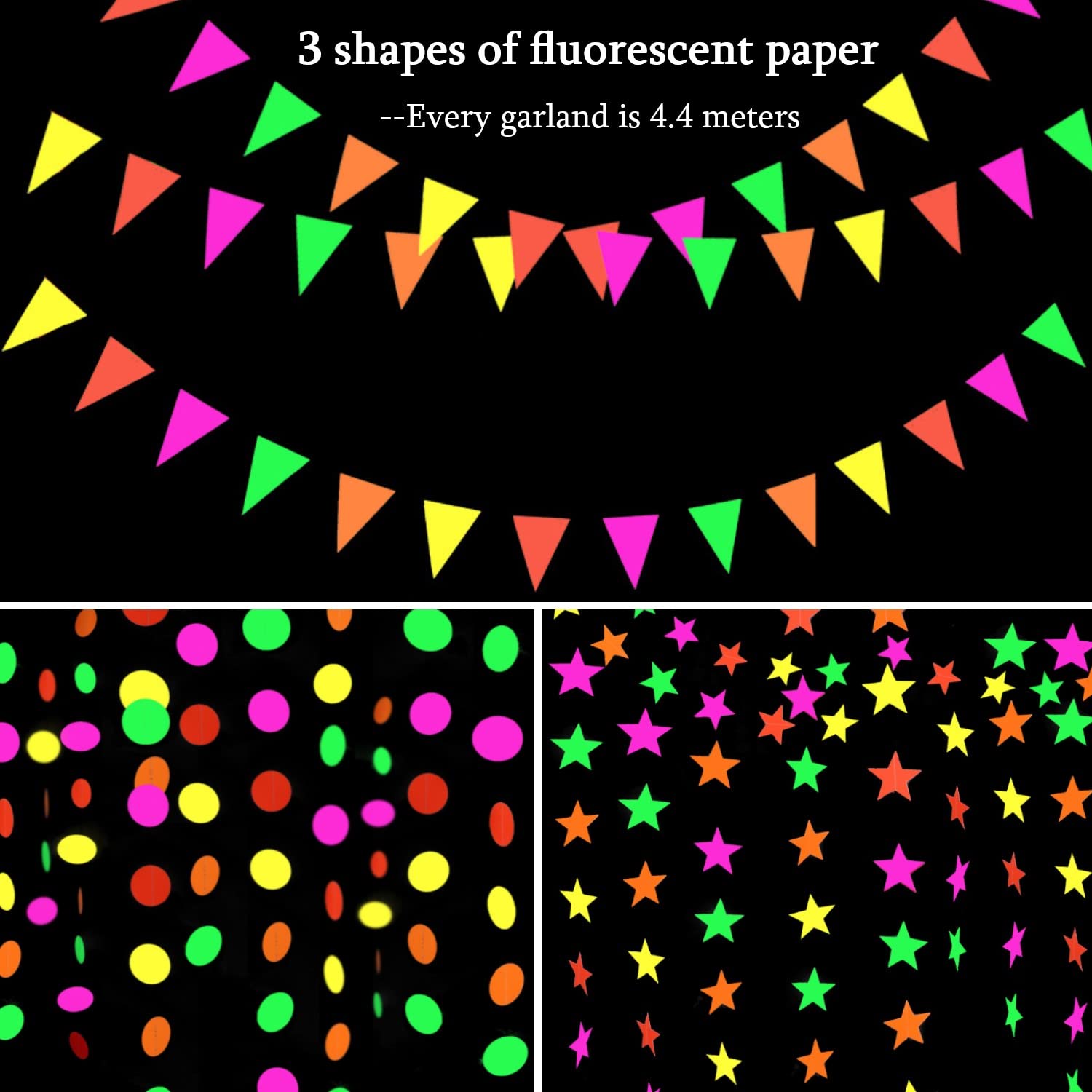 KARLOR Black Light Party Decoration, 3 Shapes/4.4 Metres Each Neon Luminous Garlands Under UV Light, Star Circle Dot Bunting - Image 4