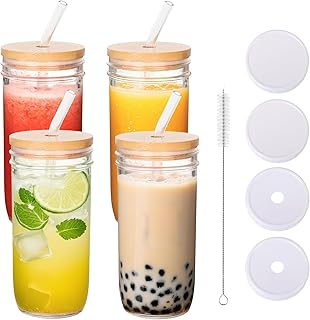 STARSIDE 24oz Mason Jars with Bamboo & Airtight Plastic Lids, 4-Pack Complete Reusable Glass Cup Set with Bent Straws & Cleaning Brush for Bubble Tea, Iced Coffee, Smoothies, Juice, Beer or Cocktails