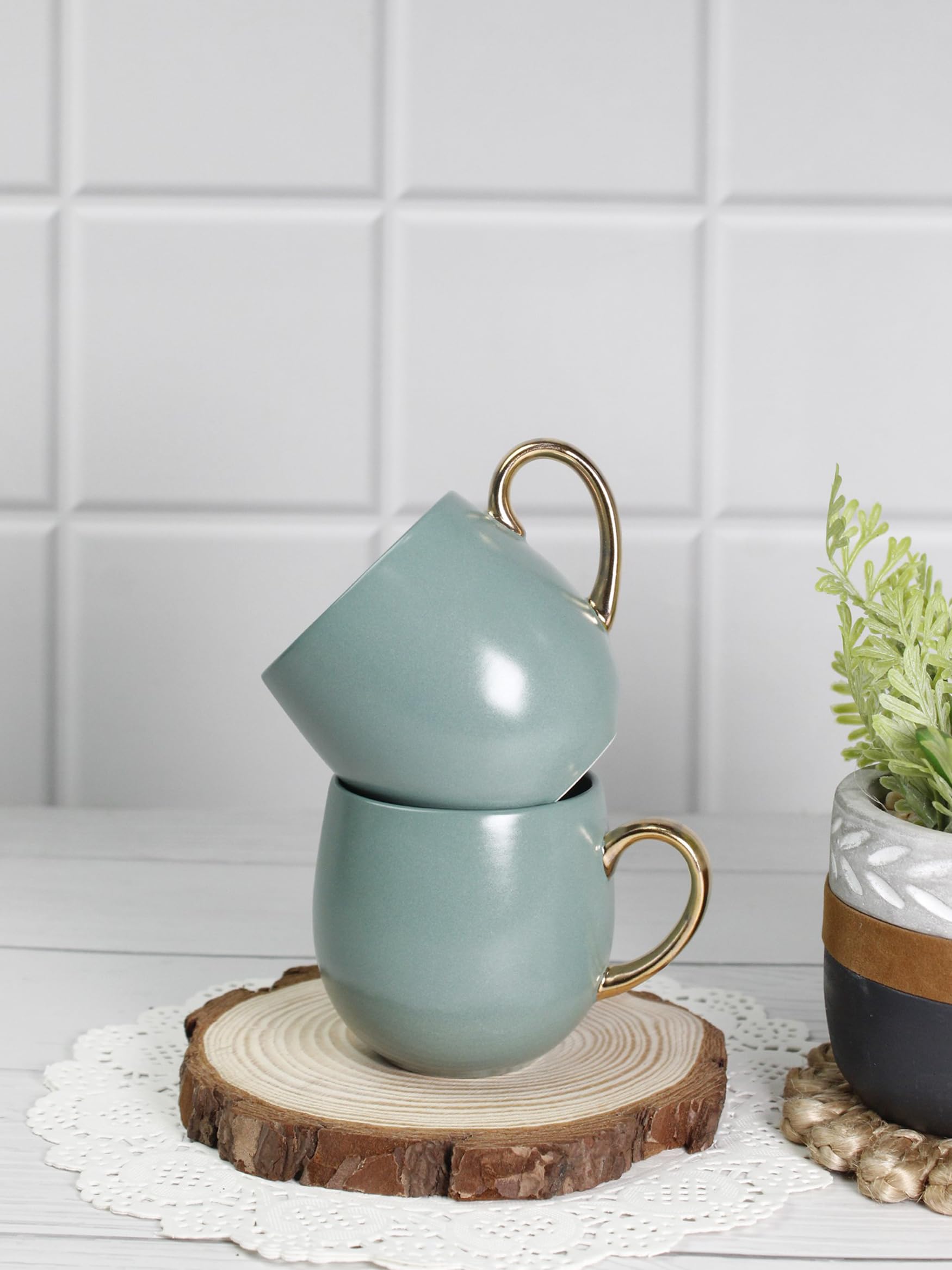 VOLA Bloom Series Ceramic (Porcelain) Premium Tea Cup Set (220ml) - Set of 2 Home & Office Use Kitchen & Dining Luxury Tableware Ideal for Gifting Elegant Viridian Green Cups