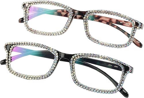 Miniatura 1 de willochra 2 lentes de lectura con diamantes de imitación de cristal para mujer, cuadrados con bloqueo de luz azul, lentes de computadora