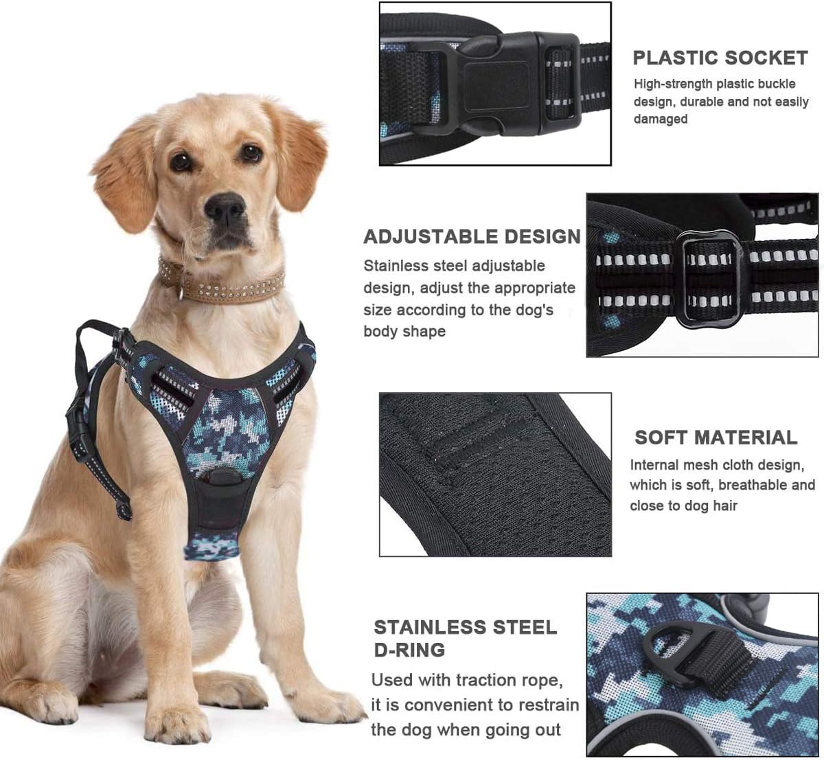 Vovodog Dog Harness No-Pull Pet Harness, Adjustable Outdoor Walking Pet Reflective Oxford Soft Vest with 2 Metal Rings and Handle Easy Control for Small Medium Large Dogs