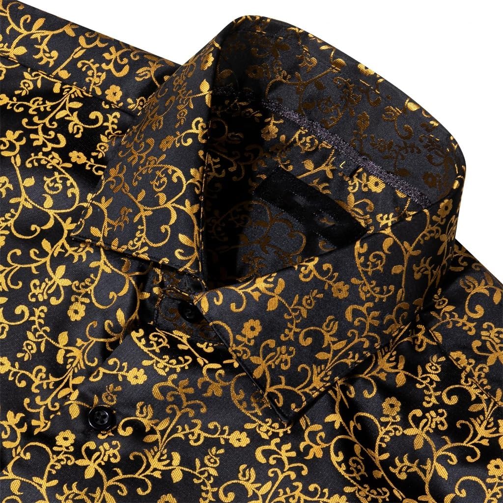 Shirts for Men Golden Lapel Long Sleeve Silk Fashion Four Seasons Fit Business Party