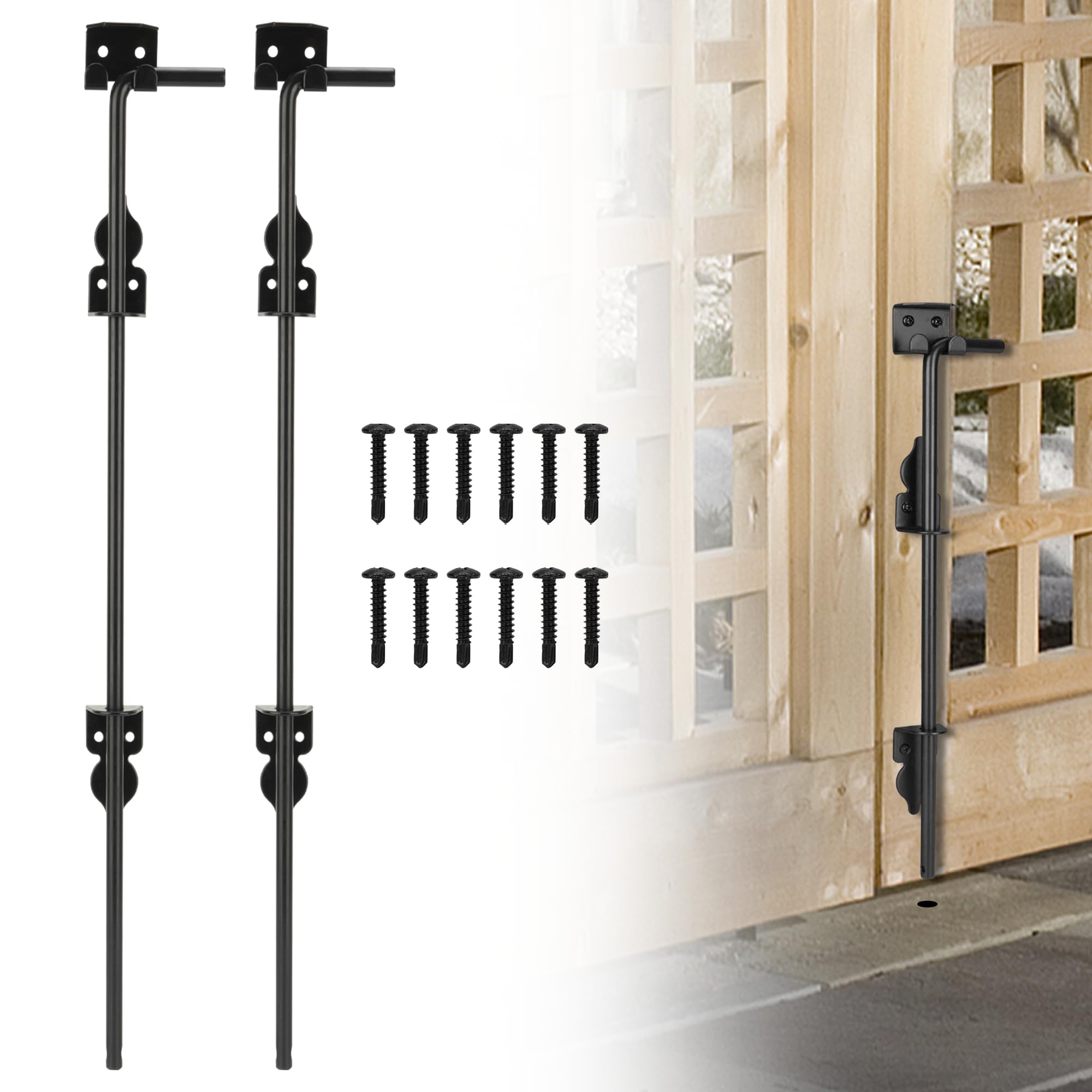 36" Heavy Duty Cane Bolt, Double Gate Latch with Black Finish, 2 Way Gate Drop Rod for Wood PVC Vinyl Metal Fences Gates, Double Doors-2 Pack